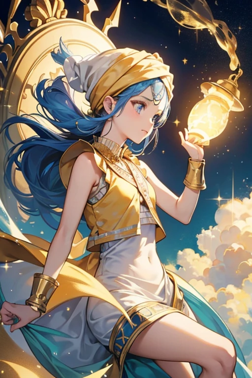 she wears a turban, sleeveless vest, . sHe floats from a golden lamp surrounded by small, puffy clouds. SPARKLE; GLITTER