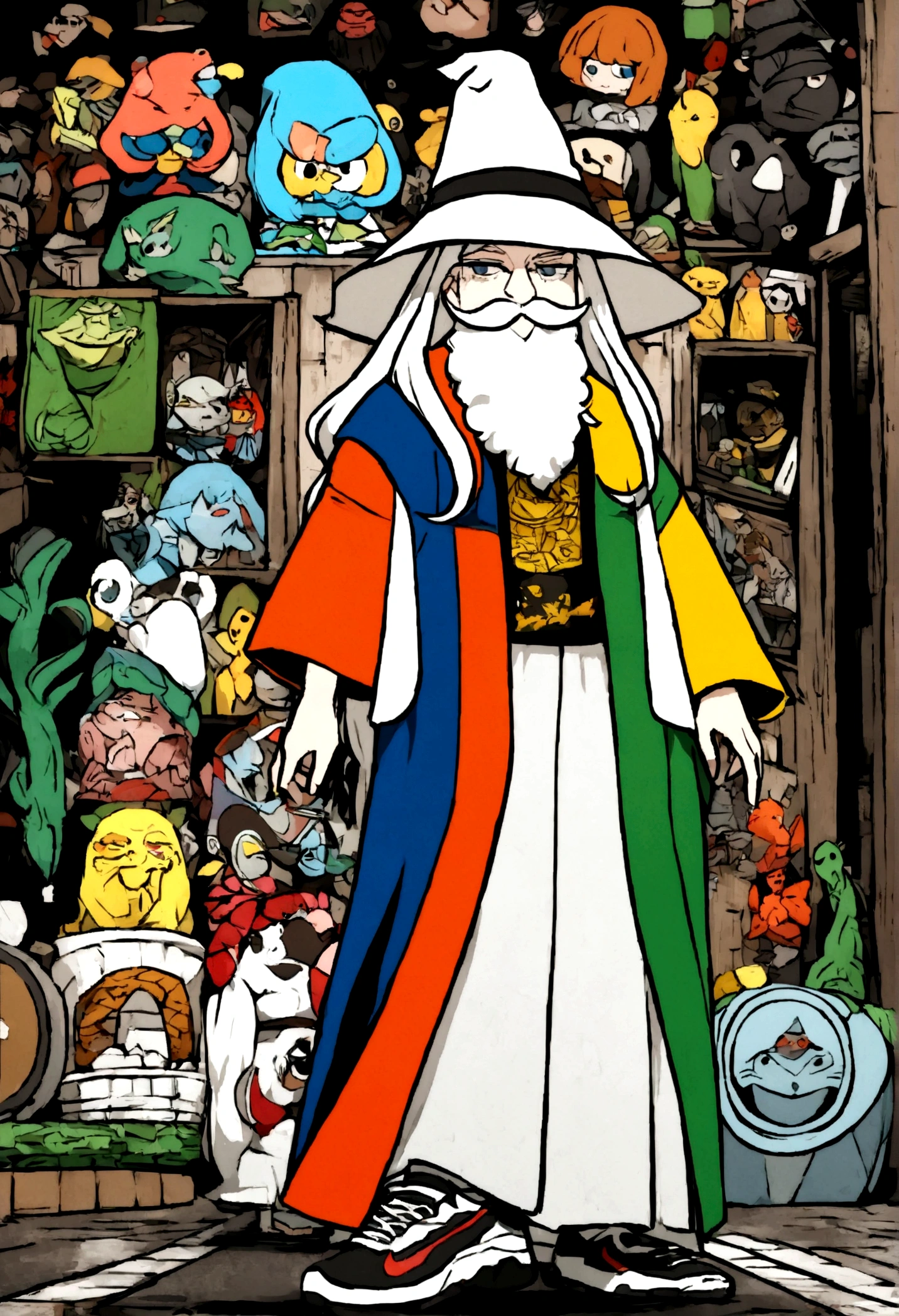 Create a high-quality image with advanced levels of detail, cinematic style cartoon themed anime character. The image must depict a young wizard with a white appearance, um microfone na mao, com uma caixa de som ao lado. He must be wearing typical Brazilian favela clothes, including a Lacoste shirt and Nike sneakers, while maintaining the essence of a wizard with a wizard hat and a short, neatly trimmed mustache. O fundo deve ser uma favela vibrante com cores vivas e neon , integrando a cultura urbana brasileira.