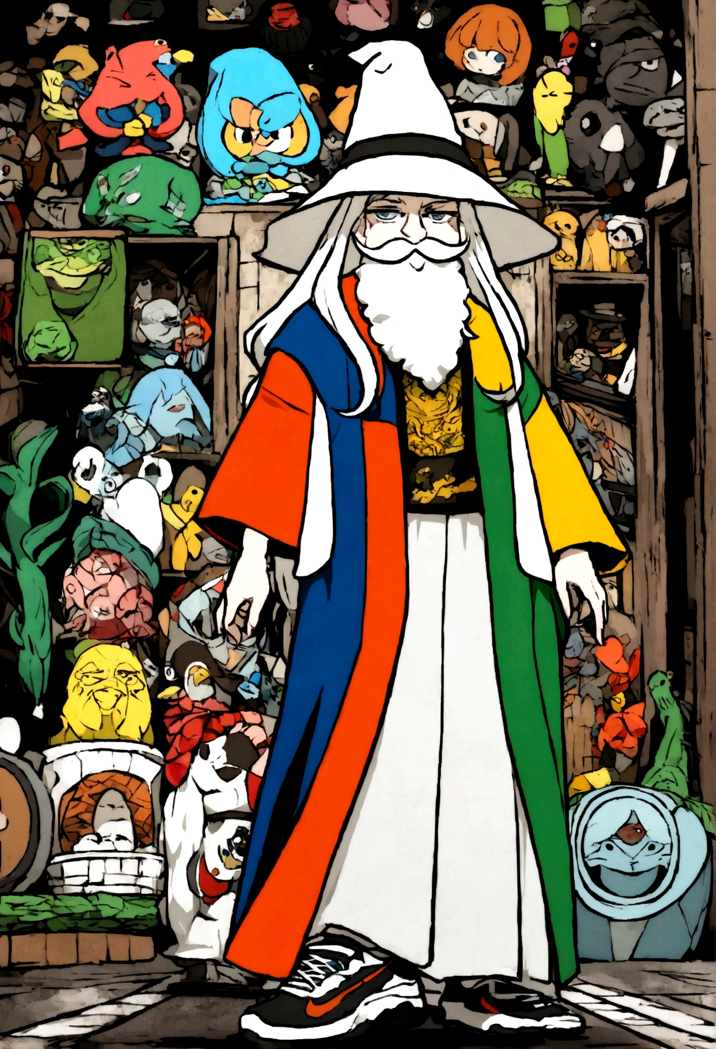 Create a high-quality image with advanced levels of detail, cinematic style cartoon themed anime character. The image must depict a young wizard with a white appearance, um microfone na mao, com uma caixa de som ao lado. He must be wearing typical Brazilian favela clothes, including a Lacoste shirt and Nike sneakers, while maintaining the essence of a wizard with a wizard hat and a short, neatly trimmed mustache. O fundo deve ser uma favela vibrante com cores vivas e neon , integrando a cultura urbana brasileira.