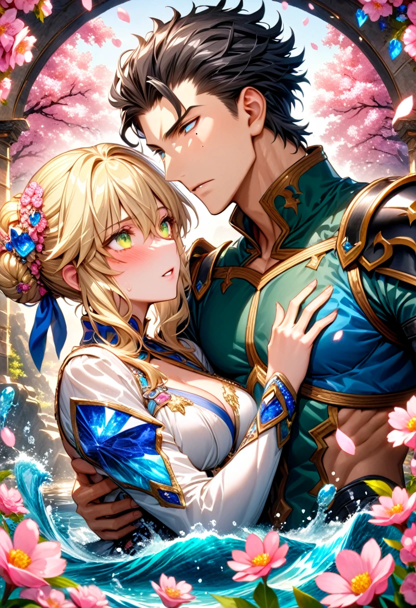 Ultra detailed, Highres, absurdres, HDR, master piece, Diarmuid Ua Duibhne, black hair, expressive yellow eyes, mole under his eye, Arthuria Pendragon, blond hair tied in a bun, expressive green eyes, Fate Grand Order, a handsome man together with a beautiful woman, couple, love, extremely detailed eyes and face, water, pink flowers, blossoms, petals, fantasy, magic, best quality, sexy, knight clothes