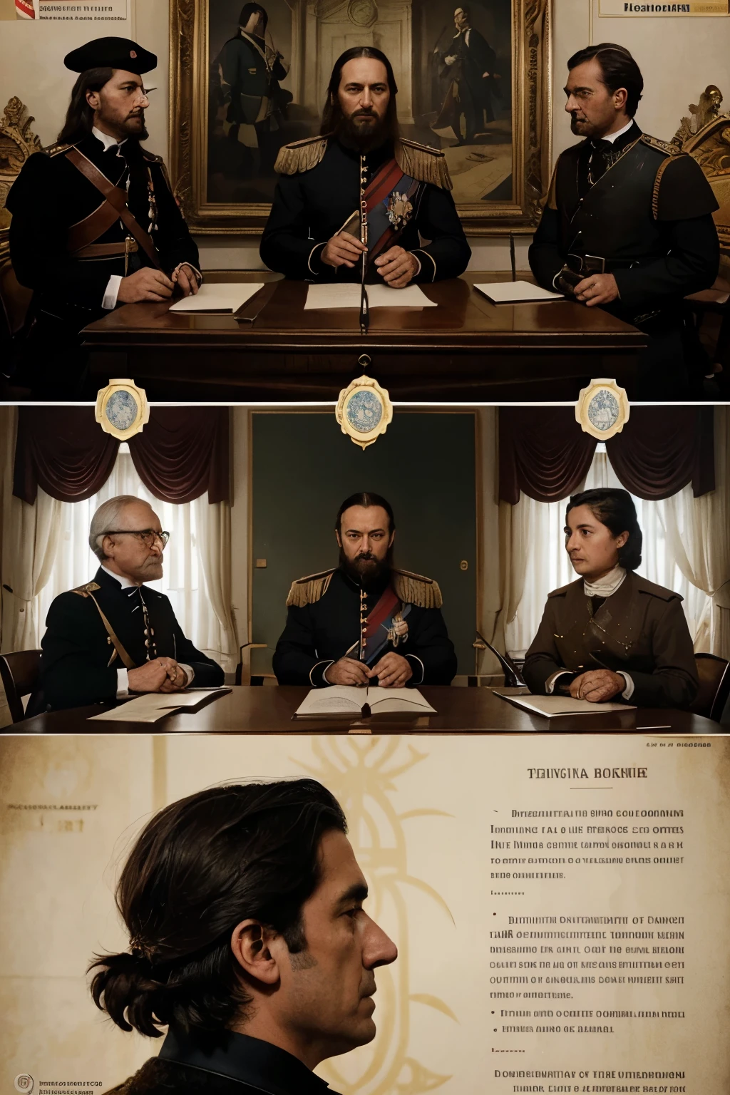 Create an illustration that represents the beginning of the modern geopolitical order, abrangendo desde o Treaty of Westphalia (1648) until the Franco-Prussian War (1870-1871). The image should capture key moments and symbolize the political and territorial transformations of Europe during this period. Include the following features:

Environment and setting:

A montage of two main historical scenarios:
Treaty of Westphalia: A 17th century conference room, com diplomatas assinando o tratado.
Guerra Franco-Prussiana: A 19th century battlefield or negotiating room, with military or political leaders discussing.
Figuras e Personagens:

Para o Treaty of Westphalia:
European diplomats and representatives in period costume, assinando documentos e discutindo.
Para a Guerra Franco-Prussiana:
Military and political leaders, como Otto von Bismarck, in 19th century uniforms and costumes, planning or discussing strategies.
Elementos Adicionais:

Treaty of Westphalia:
Mapas antigos da Europa sobre a mesa.
Flags and coats of arms of the nations involved.
Guerra Franco-Prussiana:
Strategic maps and flags of the countries involved.
Military elements such as cannons, rifles, or period-specific uniforms.
Atmosfera:

A visual transition that connects the two periods, showing the evolution of the European geopolitical scenario.
Para o Treaty of Westphalia: A sense of diplomacy and peaceful resolution.
Para a Guerra Franco-Prussiana: An atmosphere of tension and imminent change.
Texto e Detalhes Informativos (opcional):

Captions or inscriptions that identify the two historical events: 'Treaty of Westphalia - 1648' e 'Guerra Franco-Prussiana - 1870-1871'.
Small explanatory texts next to characters or significant objects, describing their identities or roles.