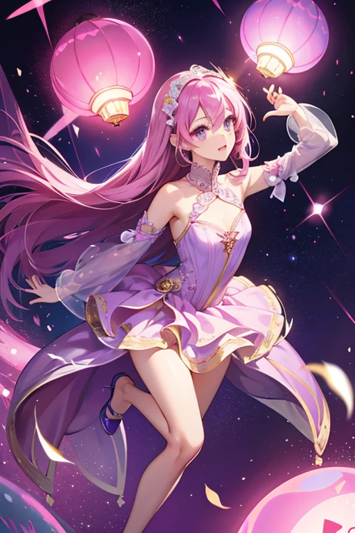 Lamptchi resembles a lamp. Her head is a light bulb and she wears a pink lamp shade which covers half of her head. She wears a purple dress and her body and appendages are long and thin. SPARKLE; GLITTER