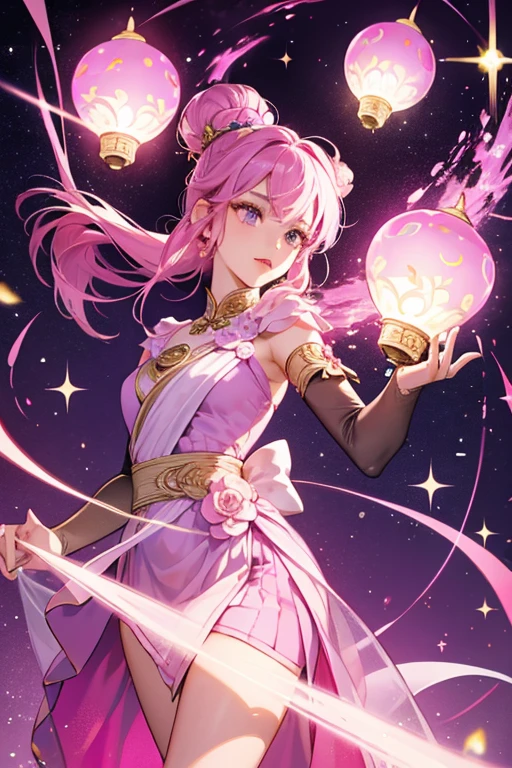 Lamptchi resembles a lamp. Her head is a light bulb and she wears a pink lamp shade which covers half of her head. She wears a purple dress and her body and appendages are long and thin. SPARKLE; GLITTER