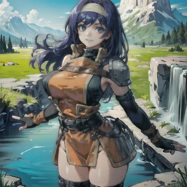 (masterpiece, best quality, ultra detailed, beautiful illustration), atmospheric perspective, depth of field, looking at viewer, beautiful detailed eyes, anime eyes:1.4, (cowboy shot), dynamic pose, dynamic angle, (outdoors, grasslands, distant lake ), 1girl, (:d), (huge breasts),  mia feh, white hairband,shoulder armor,orange dress,underwear,belt,fingerless gloves,thighhighs,boots,