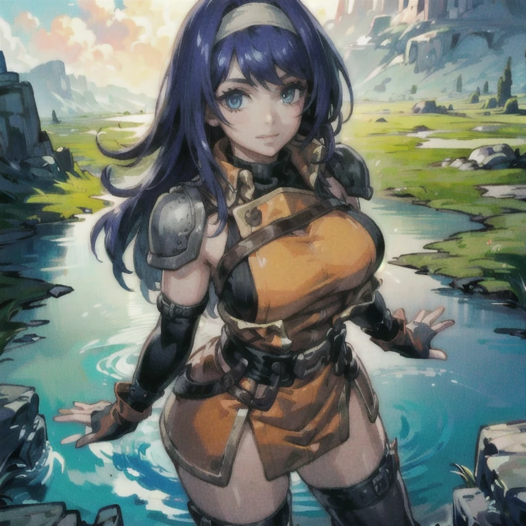 (masterpiece, best quality, ultra detailed, beautiful illustration), atmospheric perspective, depth of field, looking at viewer, beautiful detailed eyes, anime eyes:1.4, (cowboy shot), dynamic pose, dynamic angle, (outdoors, grasslands, distant lake ), 1girl, (:d), (huge breasts),  mia feh, white hairband,shoulder armor,orange dress,underwear,belt,fingerless gloves,thighhighs,boots,