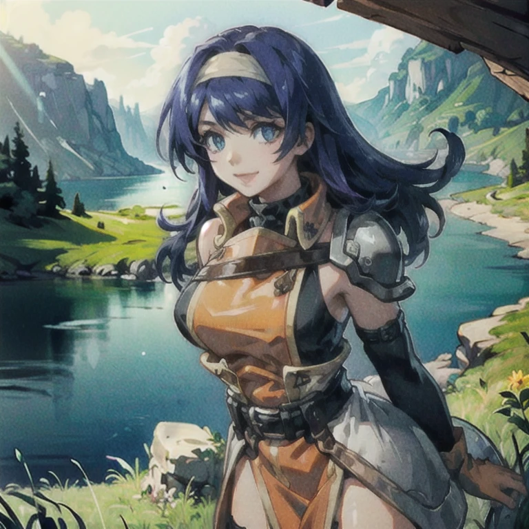 (masterpiece, best quality, ultra detailed, beautiful illustration), atmospheric perspective, depth of field, looking at viewer, beautiful detailed eyes, anime eyes:1.4, (cowboy shot), dynamic pose, dynamic angle, (outdoors, grasslands, distant lake ), 1girl, (:d), (huge breasts),  mia feh, white hairband,shoulder armor,orange dress,underwear,belt,fingerless gloves,thighhighs,boots,