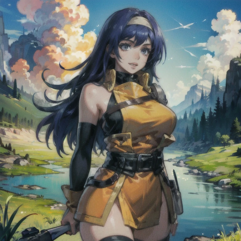 (masterpiece, best quality, ultra detailed, beautiful illustration), atmospheric perspective, depth of field, looking at viewer, beautiful detailed eyes, anime eyes:1.4, (cowboy shot), dynamic pose, dynamic angle, (outdoors, grasslands, distant lake ), 1girl, (:d), (huge breasts),  mia feh, white hairband,shoulder armor,orange dress,underwear,belt,fingerless gloves,thighhighs,boots,