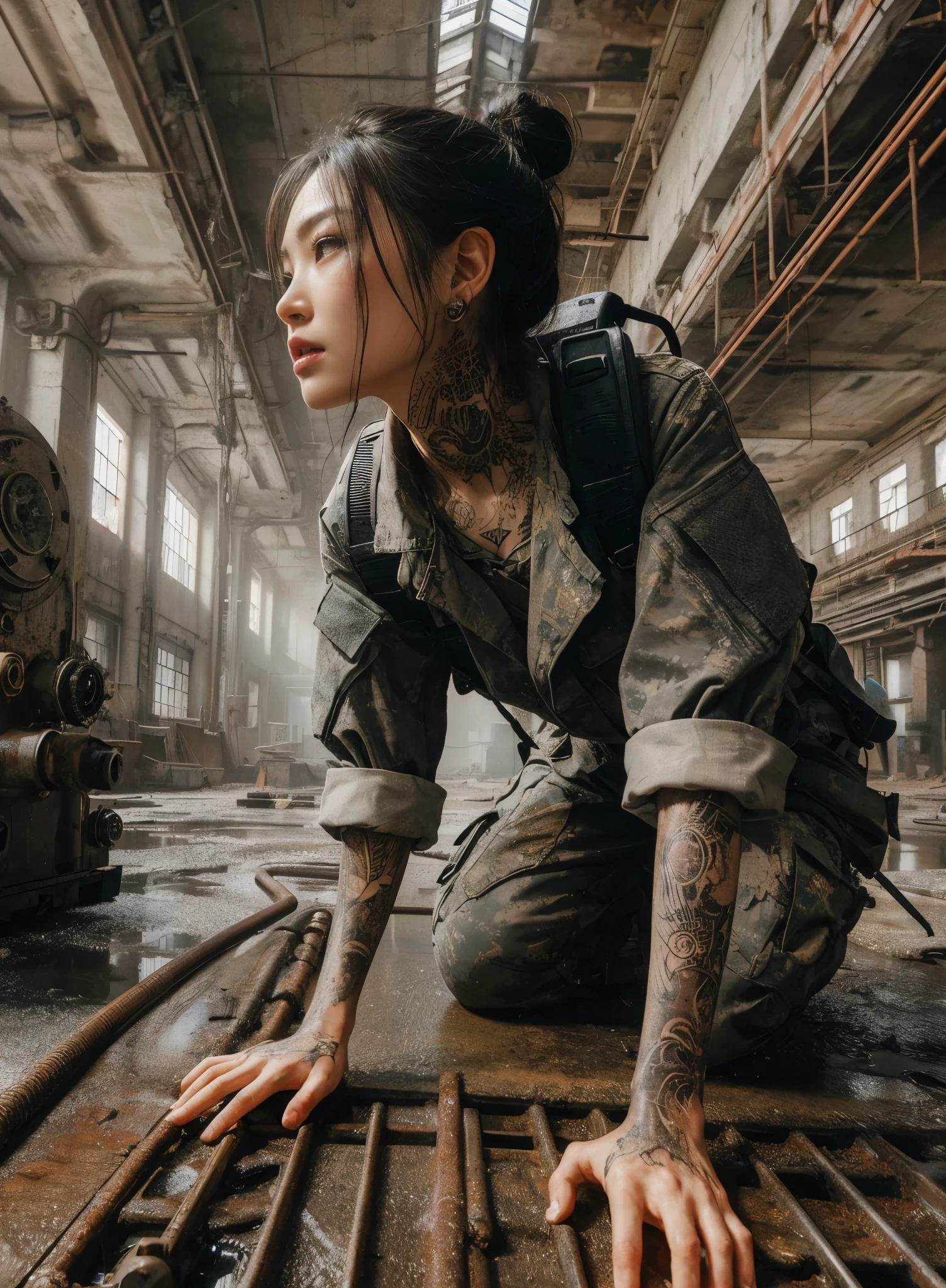 8k,Realistic Photo、Realistic Skin Texture、Superrealism、Japanese women in the U.S. military、Searching for something in a mysterious abandoned factory、The concrete floor is cracked and wet.、Abandoned machinery is rusting and decaying.、Tattoo