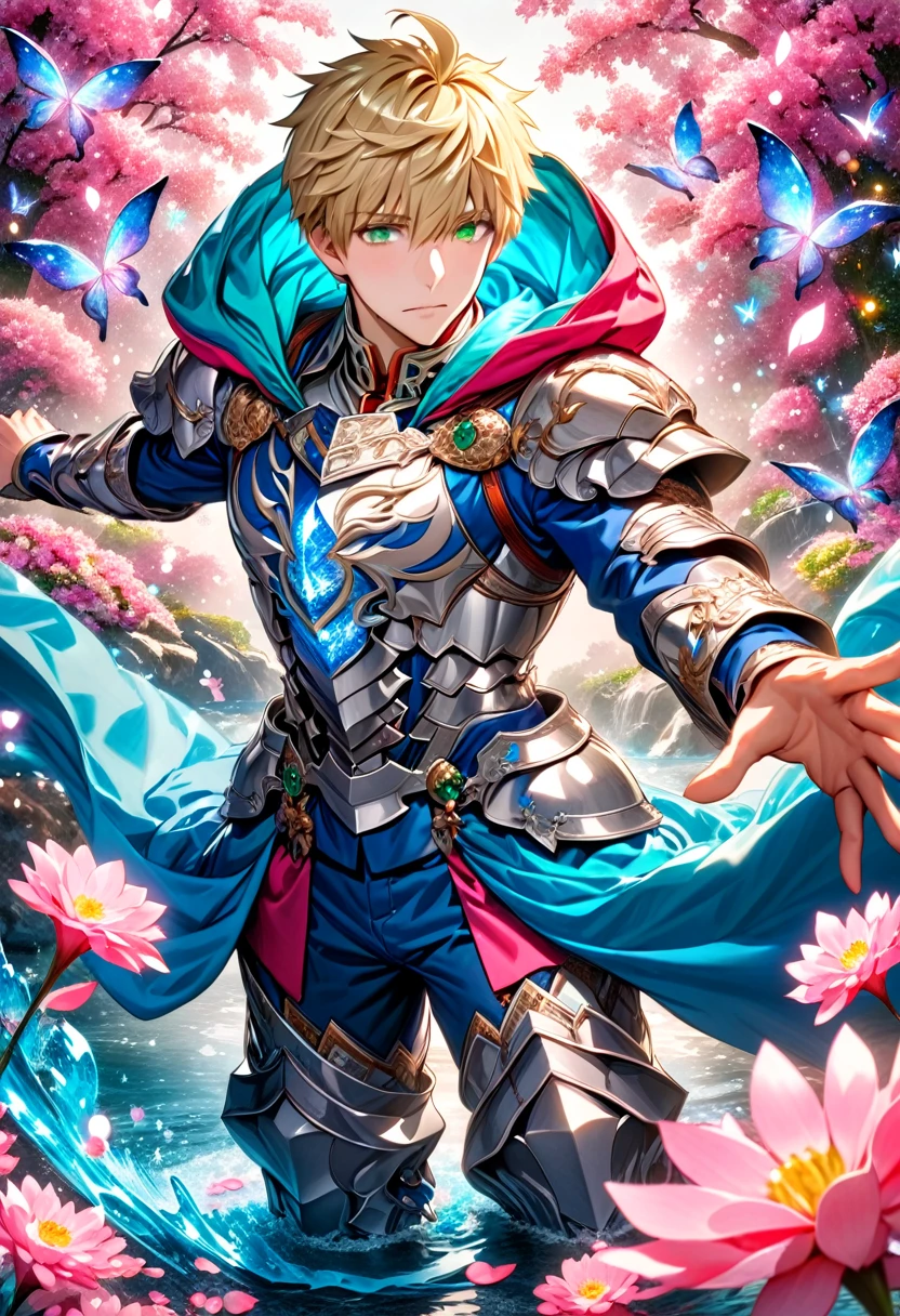 absurdres, highres, ultra detailed, HDR, master piece, best quality, Arthur Pendragon, blonde hair, expressive green eyes, fate grand order, solo, sexy man, handsome, silver armor, blue cape with a hood, magical, fantasy, shining, water, pink flowers, pink blossoms, pink butterflies, pink petals