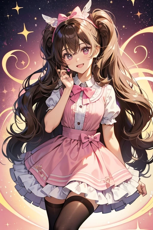 Lattetchi has light brown skin, dark brown hair with white streaks in it that is arranged like a beehive hairstyle with a swirl at the top. She has oval-shaped eyes with four-pointed star reflections, which in the anime are light blue. She wears a reddish-pink bow tie, a dim pink shirt and matching skirt, and black stockings. When she is very happy, the swirl in her hair turns into a heart shape. SPARKLE; GLITTER