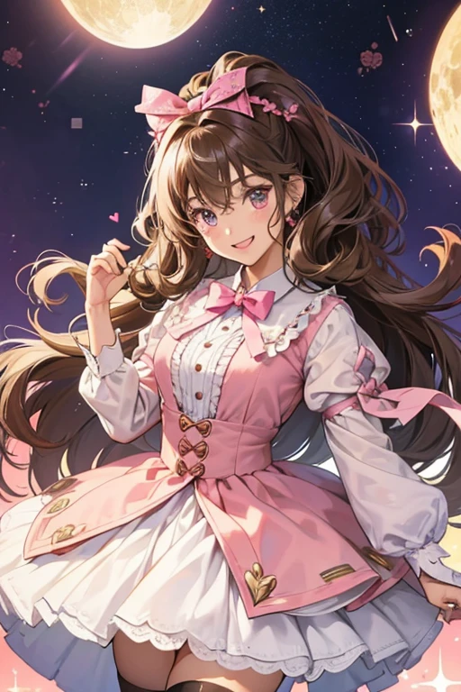 Lattetchi has light brown skin, dark brown hair with white streaks in it that is arranged like a beehive hairstyle with a swirl at the top. She has oval-shaped eyes with four-pointed star reflections, which in the anime are light blue. She wears a reddish-pink bow tie, a dim pink shirt and matching skirt, and black stockings. When she is very happy, the swirl in her hair turns into a heart shape. SPARKLE; GLITTER