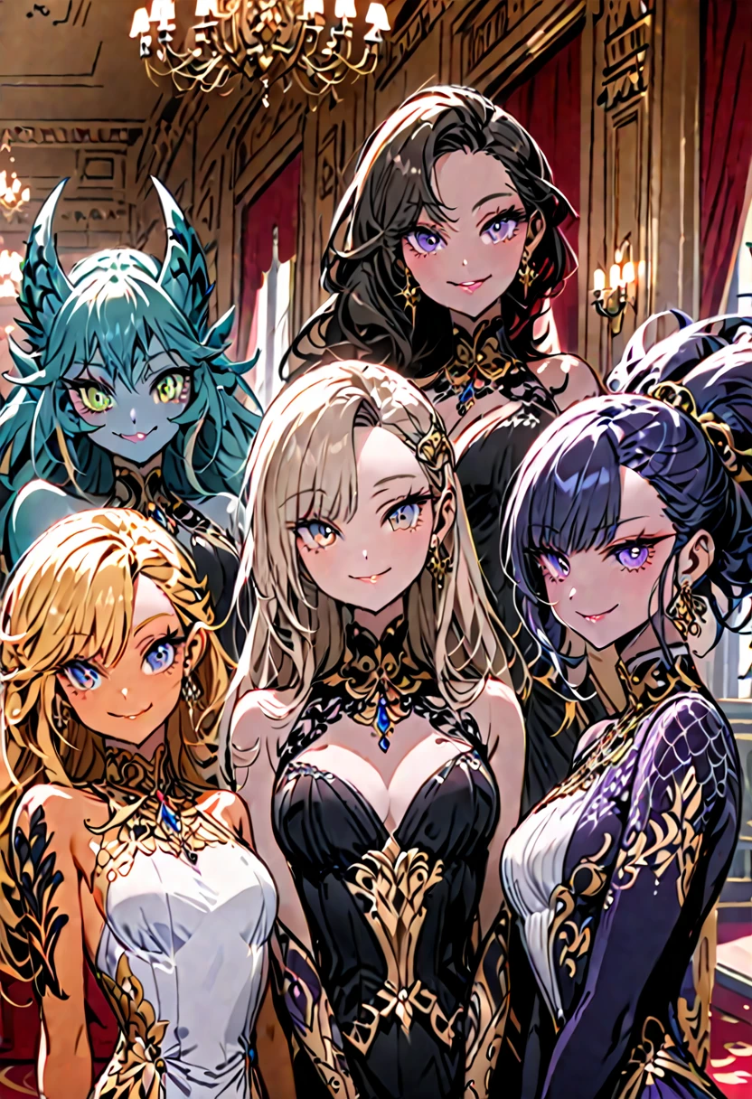 elegant, monster girl, multiple females, day, luxurious, mansion ballroom, smile, close up, from the waist up