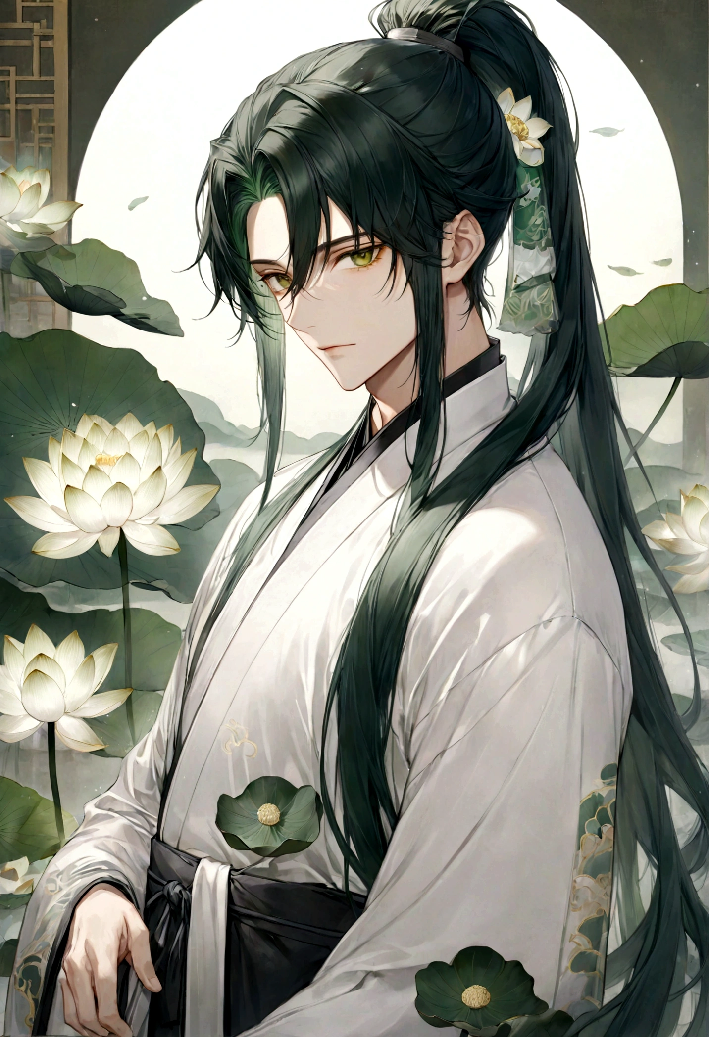 ((top-quality)), ((​masterpiece)), ((ultra-detailliert)), (extremely delicate and beautiful), handsome man, dark green hair, long straight hair, high ponytail hairstyle, golden eyes, serene expression, wearing wuxia styled robes, sleeves are sheer and silky, white sleeves, white robes with green patterns, lotus flowers on robe, dark pants, white lotus flowers in the background