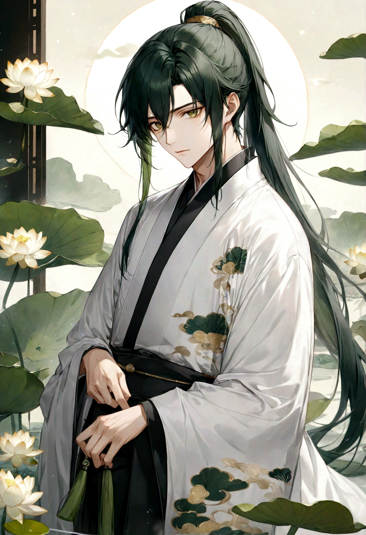 ((top-quality)), ((​masterpiece)), ((ultra-detailliert)), (extremely delicate and beautiful), handsome man, dark green hair, long straight hair, high ponytail hairstyle, golden eyes, serene expression, wearing wuxia styled robes, sleeves are sheer and silky, white sleeves, white robes with green patterns, lotus flowers on robe, dark pants, white lotus flowers in the background