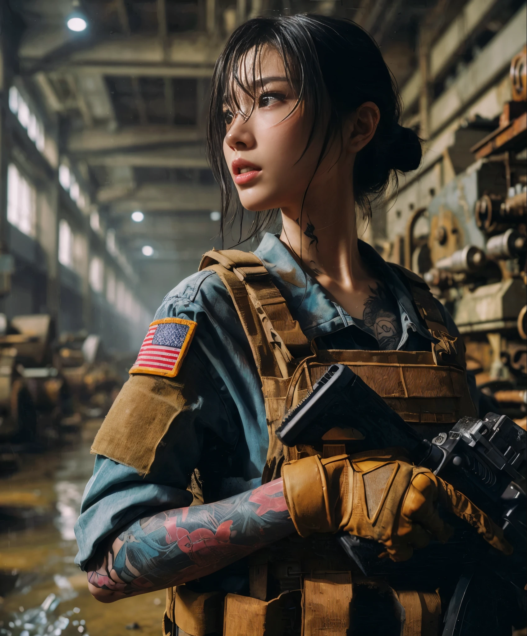 8k,Realistic Photo、Realistic Skin Texture、Superrealism、Japanese women in the U.S. military、Searching for something in a mysterious abandoned factory、The concrete floor is cracked and wet.、Abandoned machinery is rusting and decaying.、Tattoo