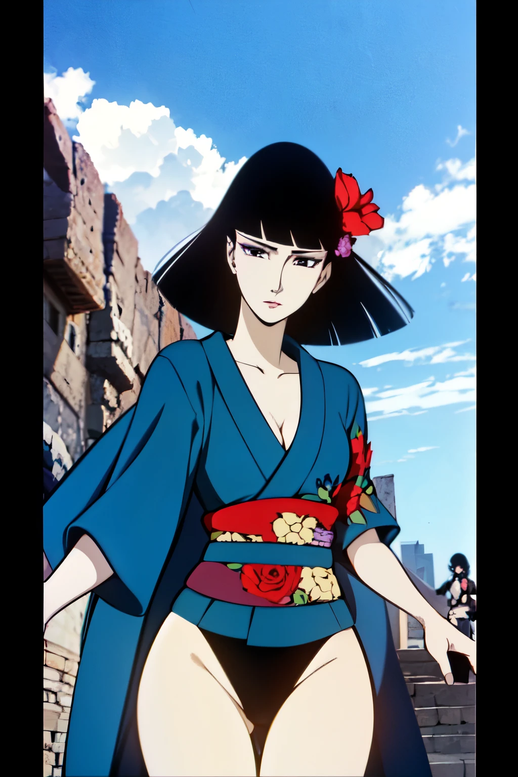 1girl, Oyuki \(the Dagger of kamui\), blue-Kimono with flower pattern, black leotard, flower headdress, jet-black hair, black eyes, blue eyeshadow, red lips, ((upper body, face focus)),