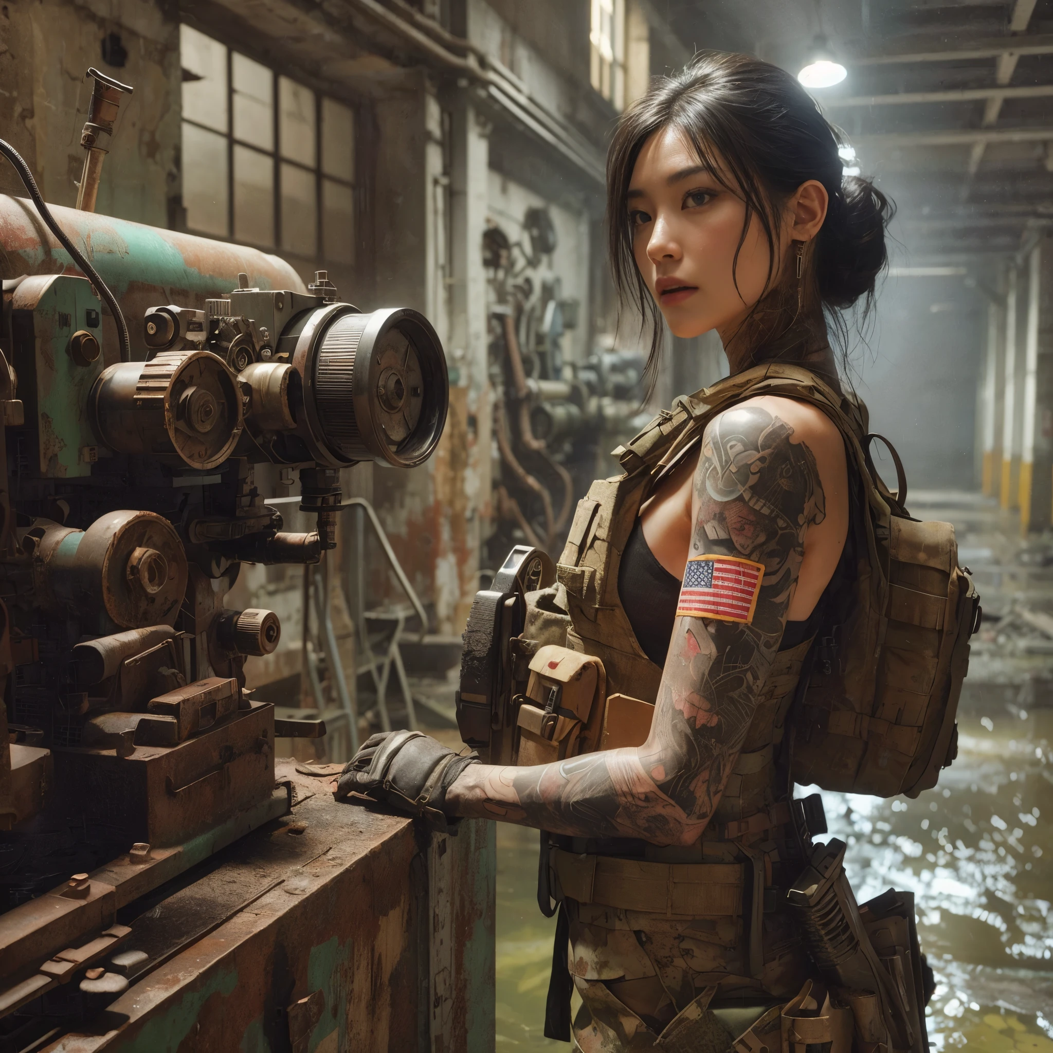 
8k,Realistic Photo、Realistic Skin Texture、Superrealism、Japanese women in the U.S. military、Searching for something in a mysterious abandoned factory、The concrete floor is cracked and wet.、Abandoned machinery is rusting and decaying.、Tattoo