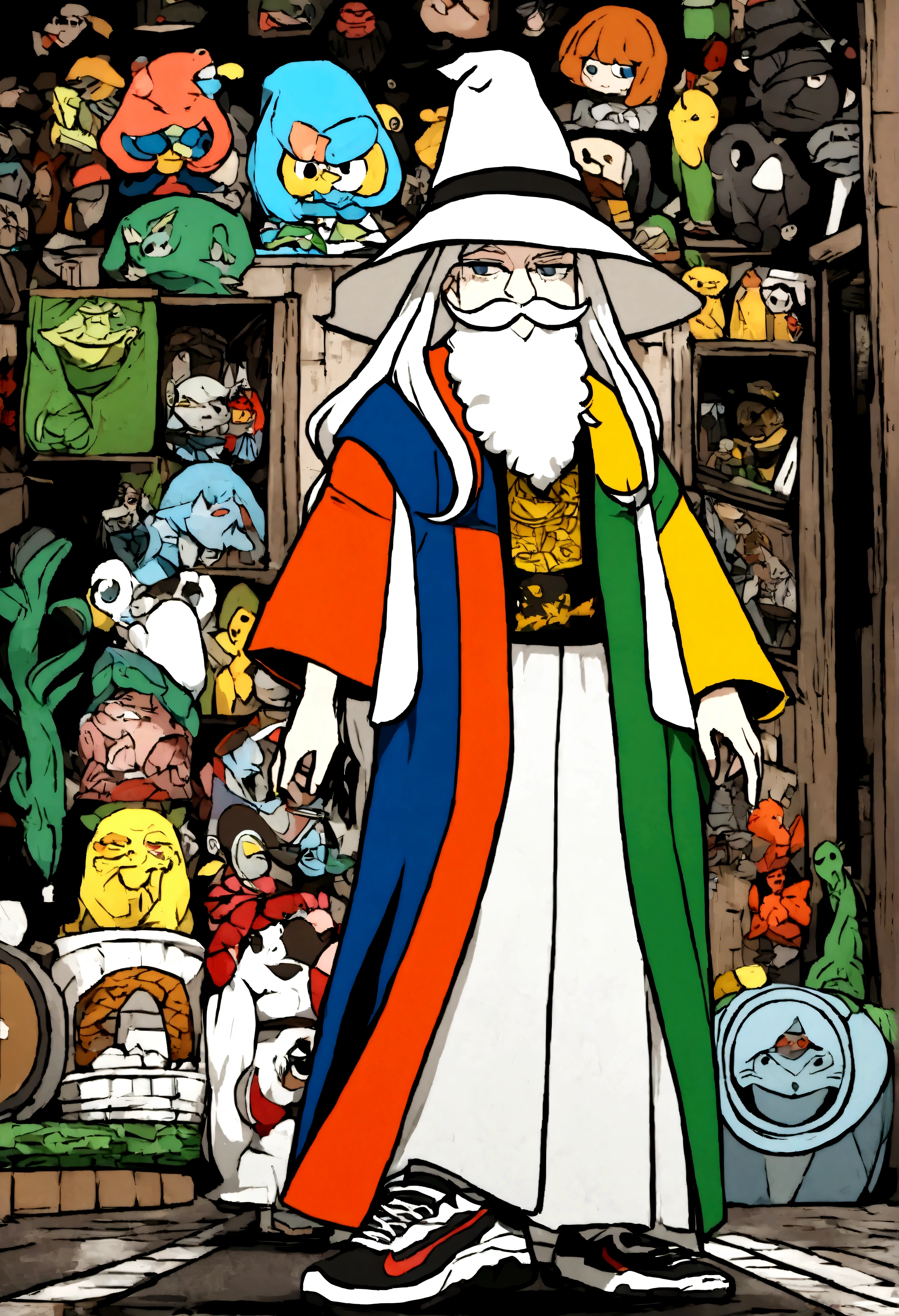 Create a high-quality image with advanced levels of detail, cinematic style cartoon themed anime character. The image must depict a young wizard with a white appearance, um microfone na mao, com uma caixa de som ao lado. He must be wearing typical Brazilian favela clothes, including a Lacoste shirt and Nike sneakers, while maintaining the essence of a wizard with a wizard hat and a short, neatly trimmed mustache. O fundo deve ser uma favela vibrante com cores vivas e neon , integrando a cultura urbana brasileira.