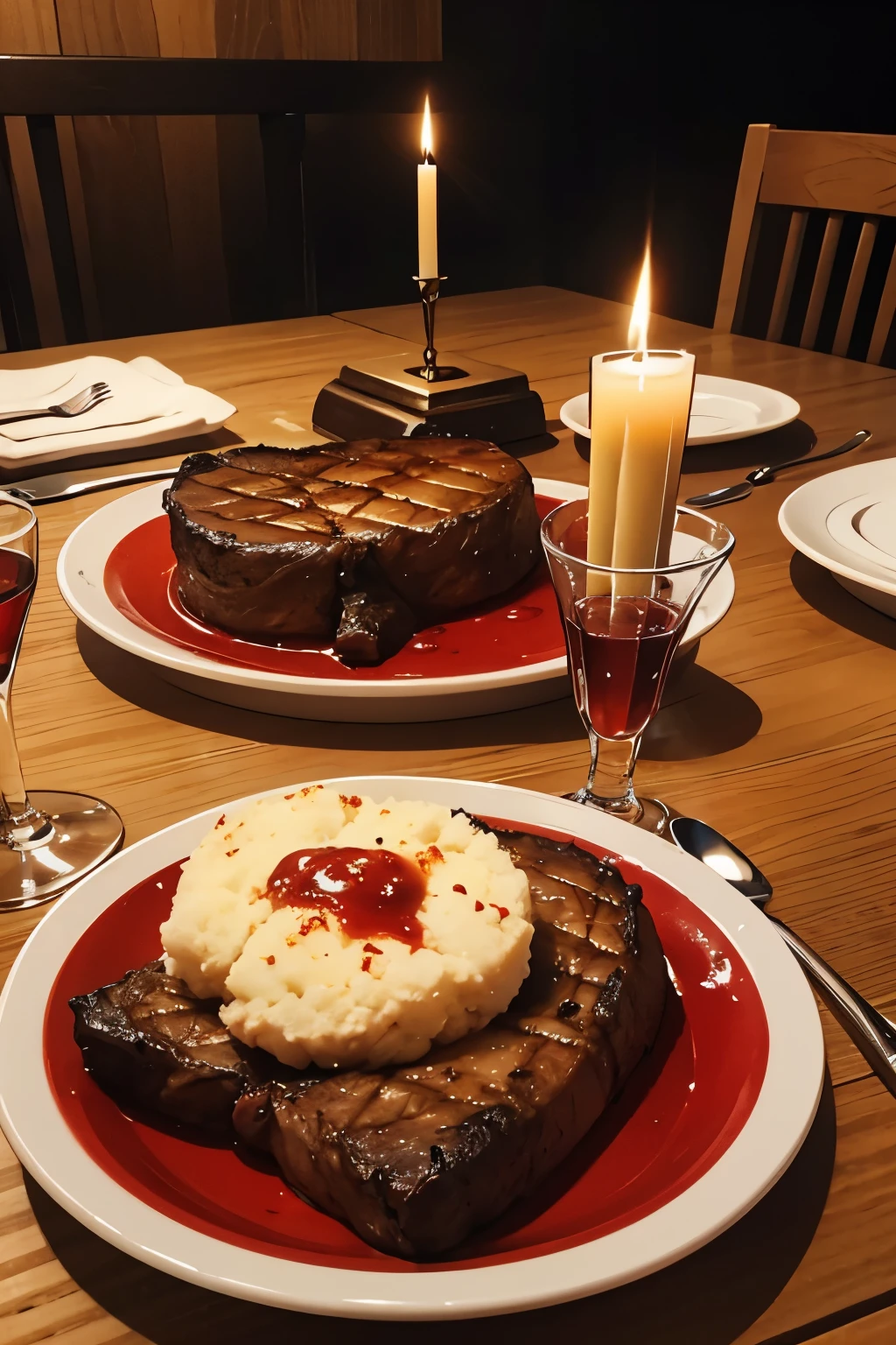 Chapeuzinho Vermelho, lareira, mesa de jantar, Bife com sangue, velas, vinho tinto