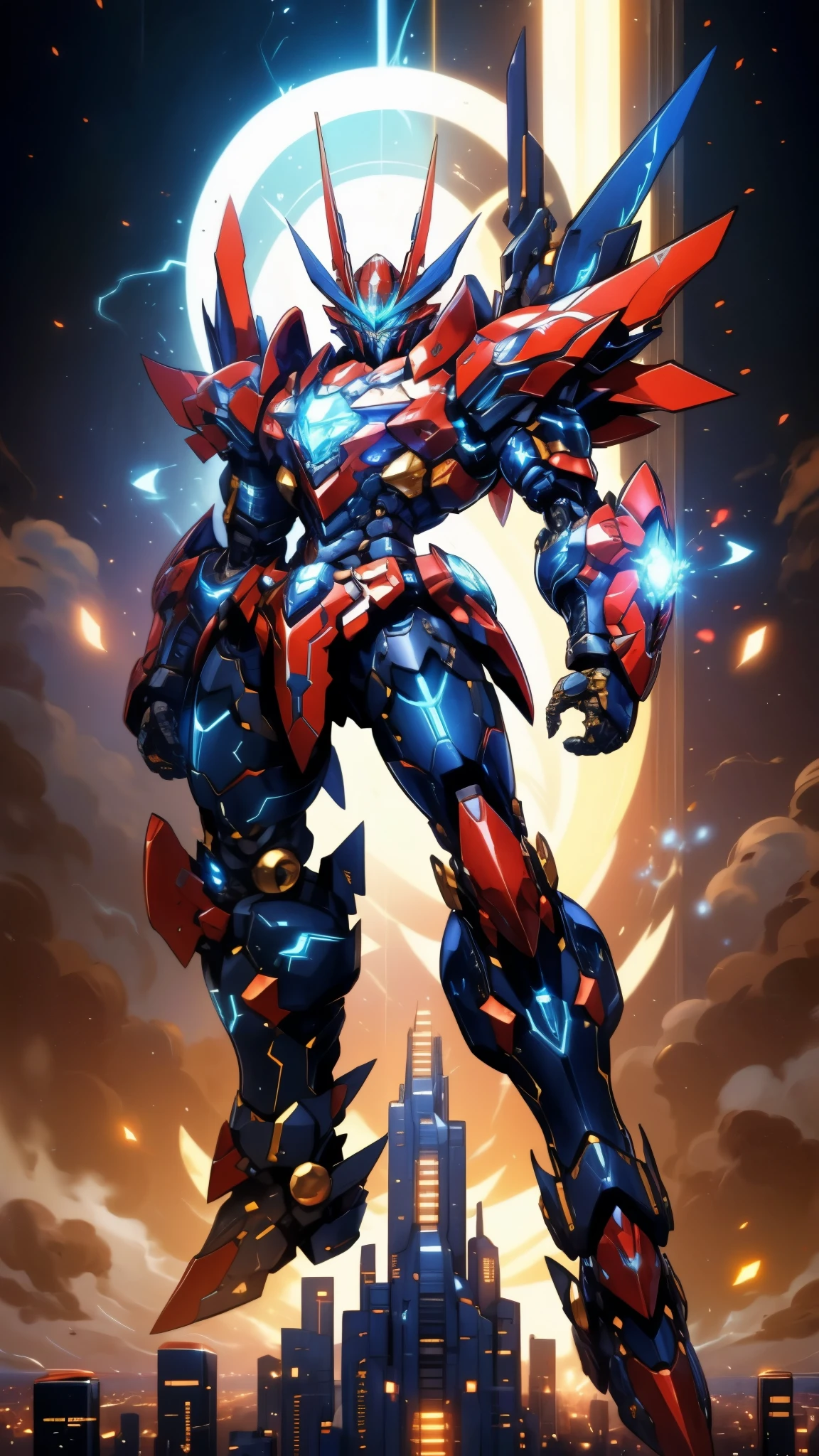 Humanoid Mecha, fully enclosed shoulder guards, matching arm and leg guards, full body, full armor, super robot, the design balances heavy with agility, (the color scheme is primarily white with red and blue accents, the concept Inspired by super robot, Dragon concept chest armor, pose, standing, floating high above the futuristic sci-fi city), exquisite and mature art style, (aura effect, energy, glowing eyes, the armor glows), ((SRS)), metallic, dramatic, high definition, best quality, highres, ultra-detailed, ultra-fine painting, extremely delicate, professional, perfect body proportions, anatomically correct, symmetrical face, extremely detailed eyes and face, high quality eyes, creativity, RAW photo, UHD, 32k, Natural light, cinematic lighting, masterpiece-anatomy-perfect, masterpiece:1.5