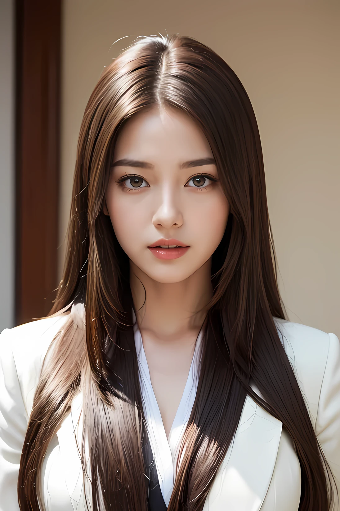 highest quality, masterpiece, 8k, Ultra-high resolution, (Realistic: 1.4), 1 girl, Beautiful Face, Symmetrical eyes, big, Perfect figure, ((Long Hair))、((Brown Hair)), secretary、(Luxury business suits)、Viewer&#39;sight, (president&#39;office、Blurred Background), Front view, Absolute area (1.3),A kind smile、Seems kind、Cowboy Shot,((A shy smile:1.3)),((Gold Necklace＿Big earrings:1.2)),((sheer white mini dress:1.3)),,((Hair with loose waves inward:1.2)),((Super long Brown Hair:1.2))((Sitting in a chair, Night view terrace background:1.3)),((From above at an angle:1.5)),