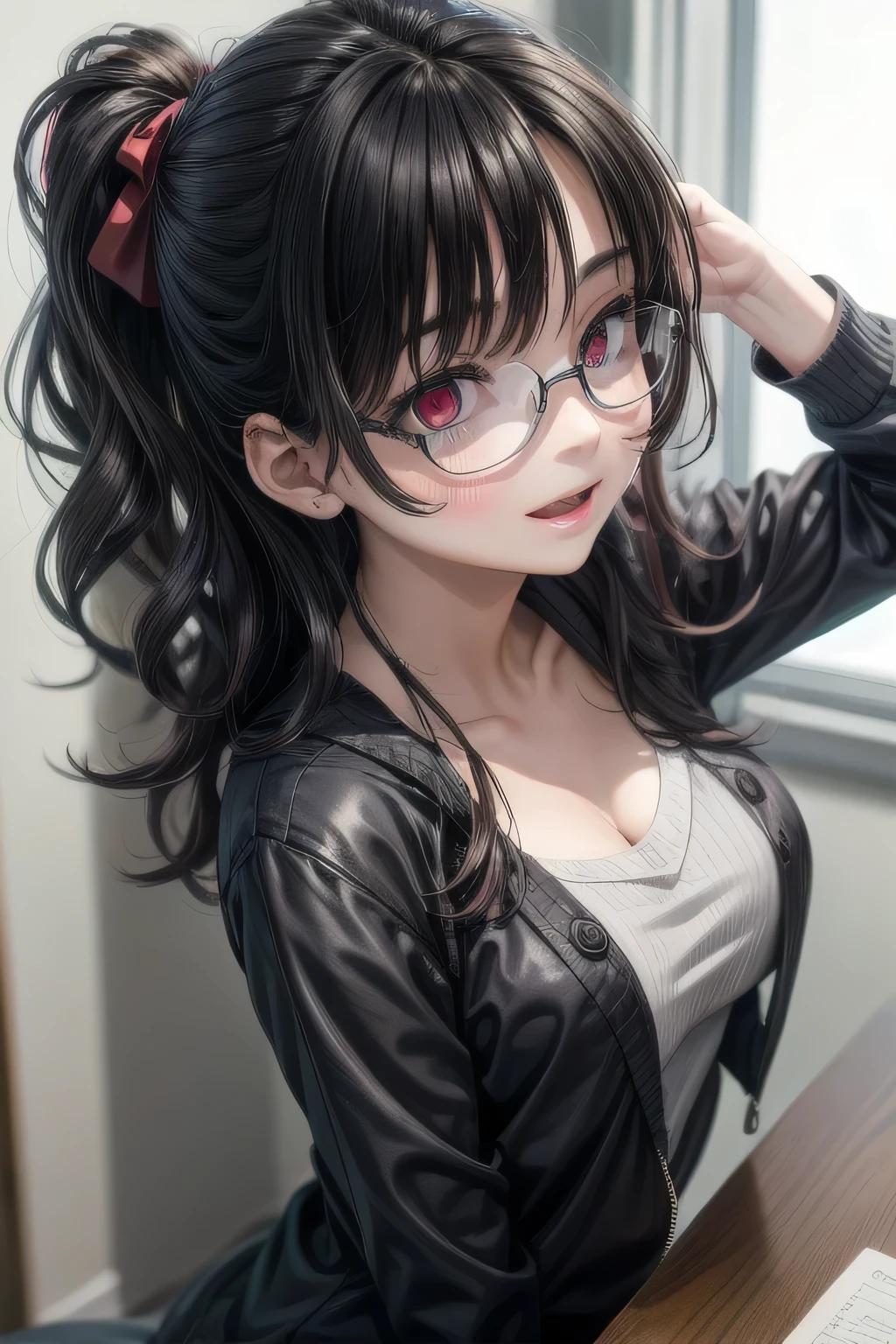 (Tabletop:1.0), (highest quality:1.4), (High resolution:1.2), From the side,Sharp contours, boyish, highest quality, masterpiece,Glasses,Voice of the Heart,20-year-old woman,yandere,Big Breasts,Chest to chest,Lying face down,Upper Body,Ecstasy,saliva,blush,Squint your eyes,Heterochromia iridis,Tuck up your clothes,lure