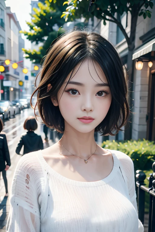 1 girl , short hair, Upper Body, Close-up photo , rain , Street View.