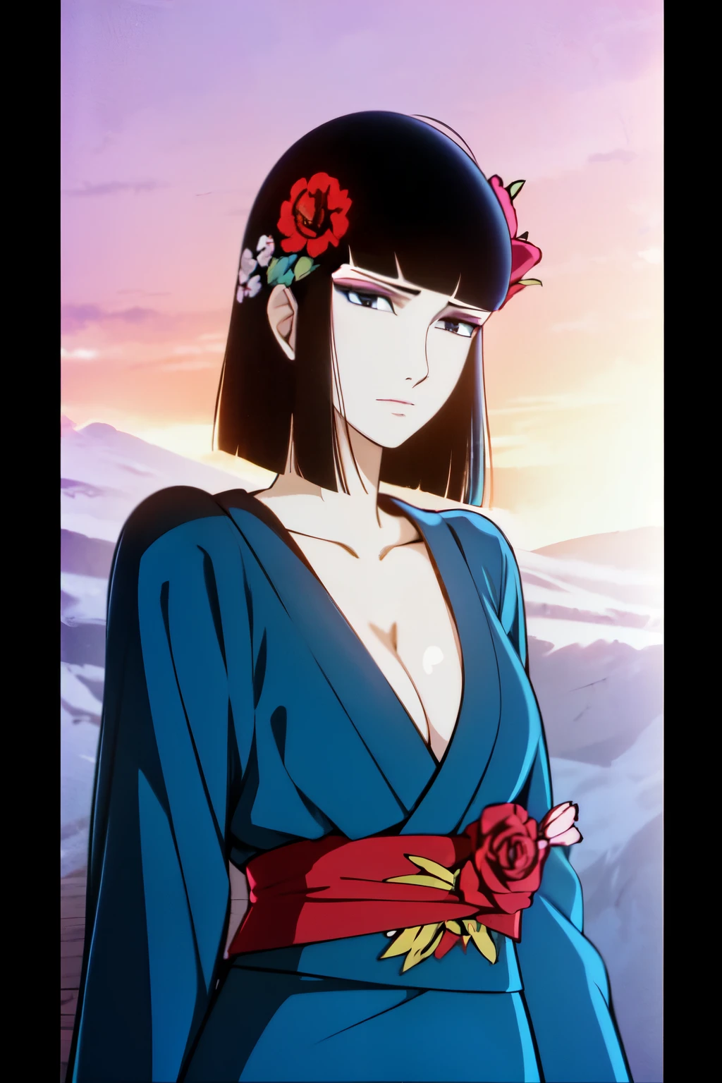 1girl, Oyuki \(the Dagger of kamui\), blue-Kimono with flower pattern, black leotard, flower headdress, jet-black hair, black eyes, blue eyeshadow, red lips, ((upper body, face focus)),