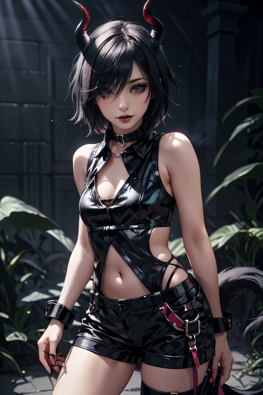 Girl, woman, emo_hairstyle, black lipstick, dog collar, eyeliner, eye shadow, smoky eyes, realistic lighting, short hair, standing up, succubus, devil outfit, skimpy outfit, sexy outfit, horns, devil tail, sleeveless.