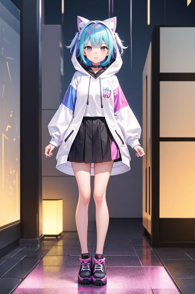Super cute vtuber standing in the rain wearing a clear plastic hoodie - fullbody、Illustration rainbow color, magically glowing, Shiny colorful, Holograph, by Yuumei, Anime Art Wallpapers 8K, Gveiz-style artwork, anime art wallpaper 4k, anime art wallpaper 4k,  Beautiful anime artwork, Digital anime art, Gveiz，（Full Body Lesbian：1.2）、Standing in front of the viewer、