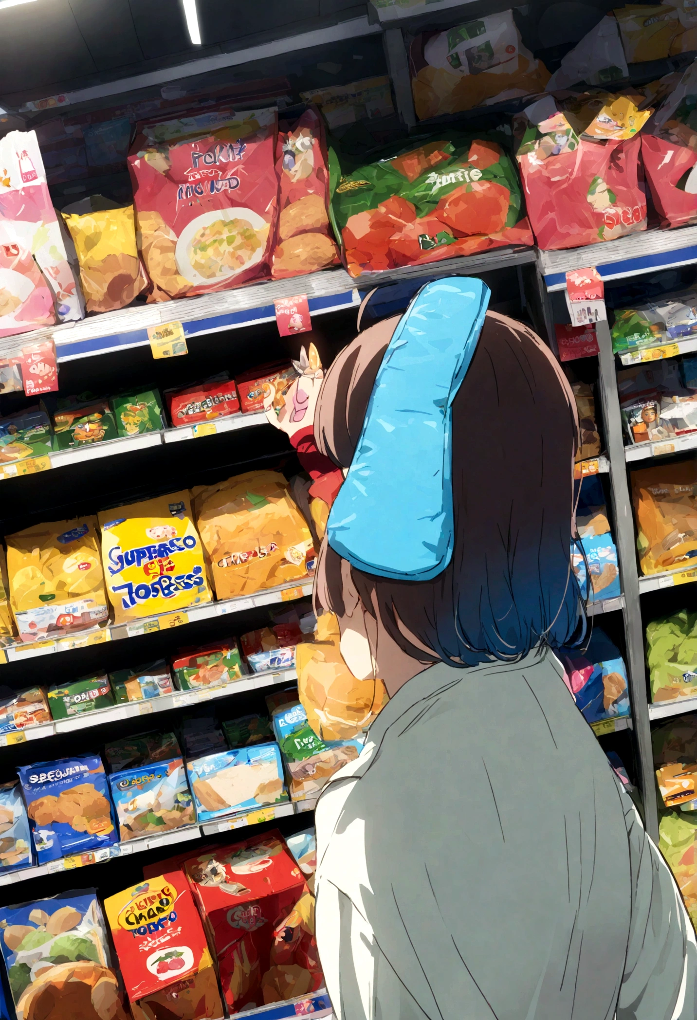 1 pessoa, supermercado, compras, segurando celular, na cidade de tokyo, with Japanese anime visual style.