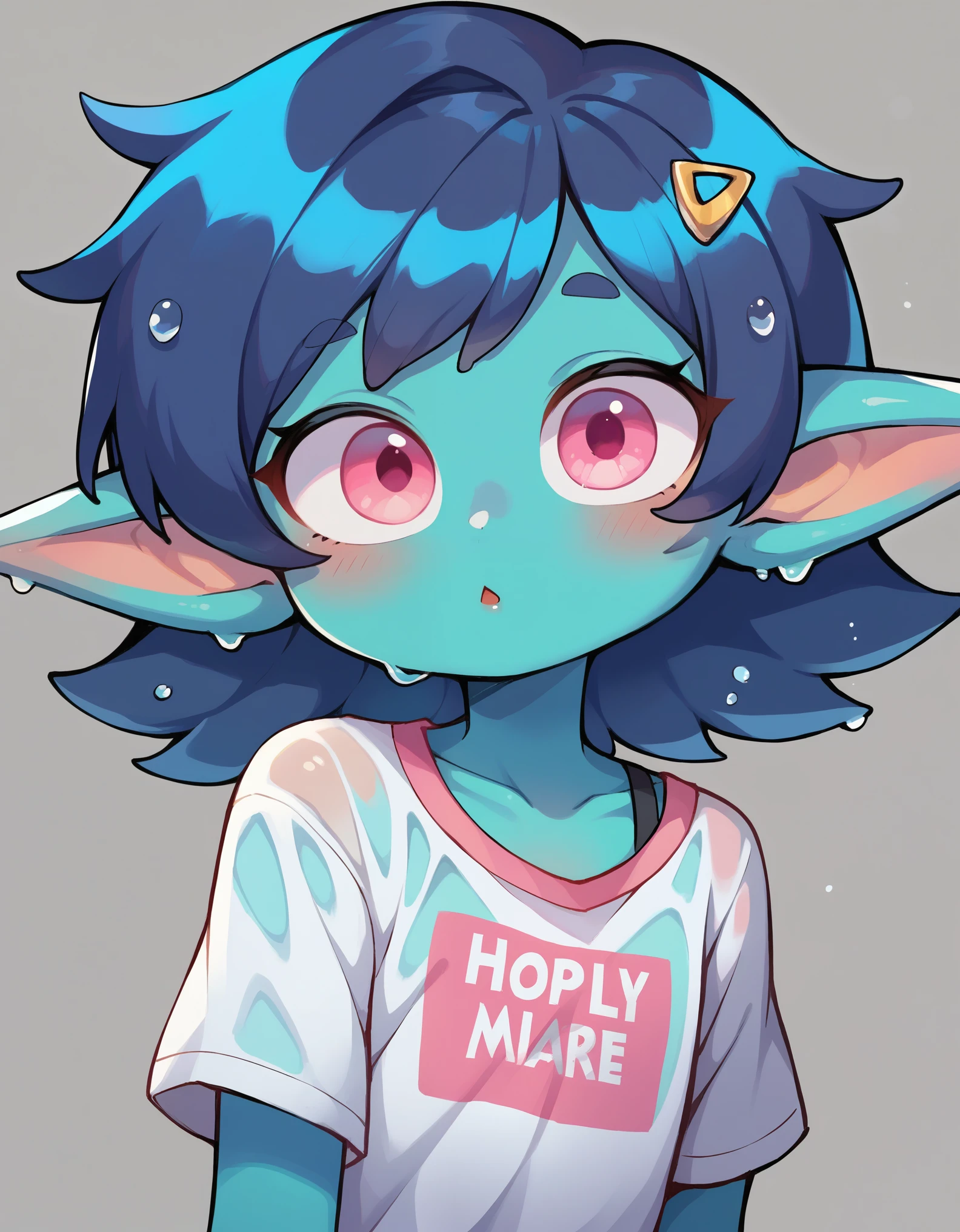 score_9, score_8_up, score_7_up, score_6_up, , source_anime, mwk,,  cute face, 1girl, young, curvy chest, xxl shirt, goblin ears, dark and blue skin, dark blue hair, pink eyes, wet body