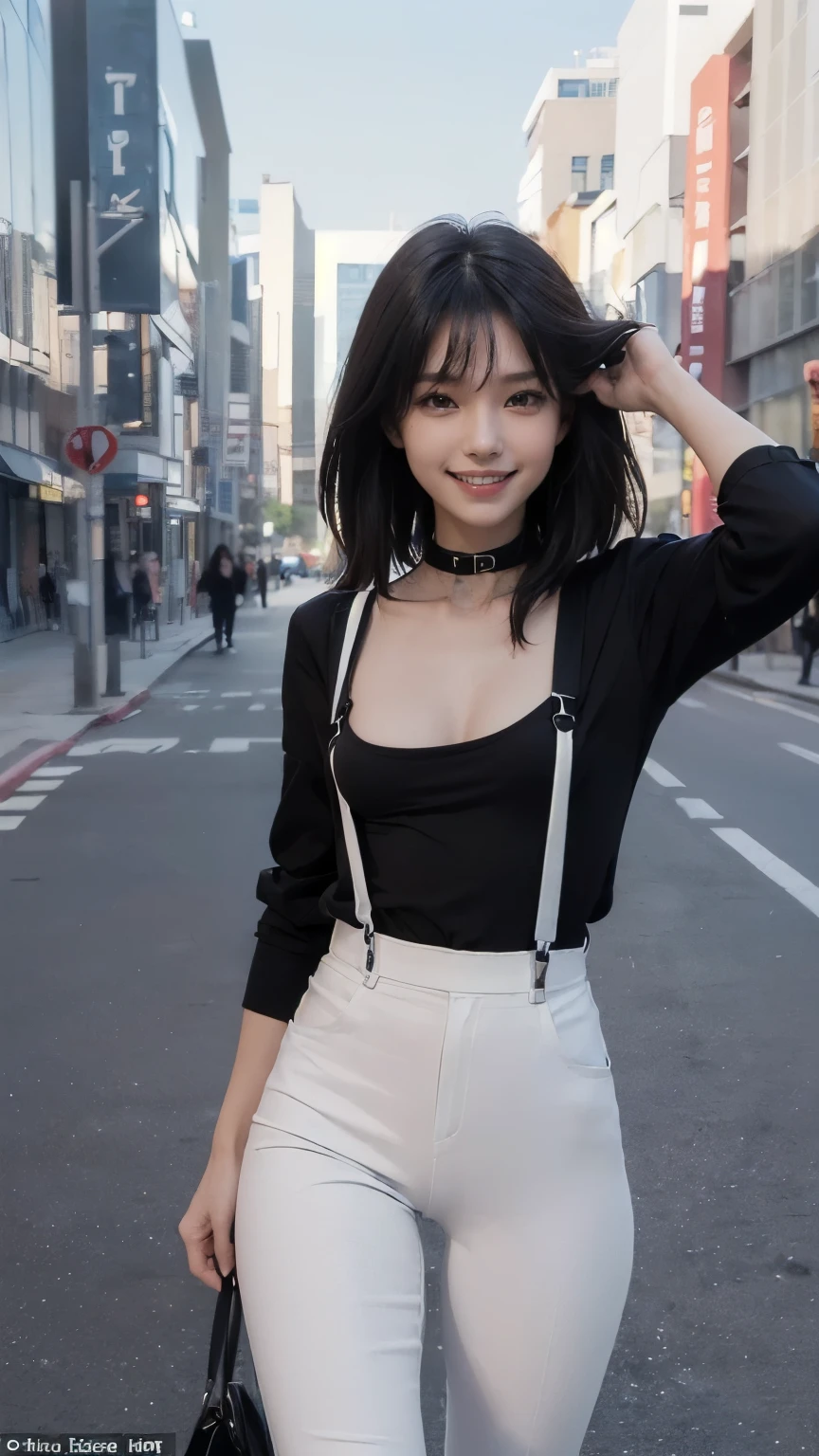 ((In the city:2.0)), ((Positive:2.0, Face the front of your body at the camera:2.0)), ((Black shirt with collar:2.0, suspenders:2.0, White pants:1.8)), (Clothing:2.0, Panties under white skinny pants:2.0, suspenders under Black shirt with collar:2.0, sneakers:1.5), ((In the city:2.0)), ((A grin:1.2, Small breasts:1.5, slender:1.5, Small Ass:1.5)), ((Japanese, 1 Girl, 18-year-old, 7 heads, Ideal body proportions, Black Hair, With bangs, Small breasts, Erect nipples, slender, Small Ass, Beautiful feet, Skinny Legs)), Surrealism, Cinematic Lighting, Depth of written boundary, First Person View, Boobs F/1.8, 135mm, Ticker, Mastepiece, Curate, ((Anatomically correct:1.3)), Textured skin, Super Detail, High detail, High quality, Awards, Best Quality, High resolution, 8K