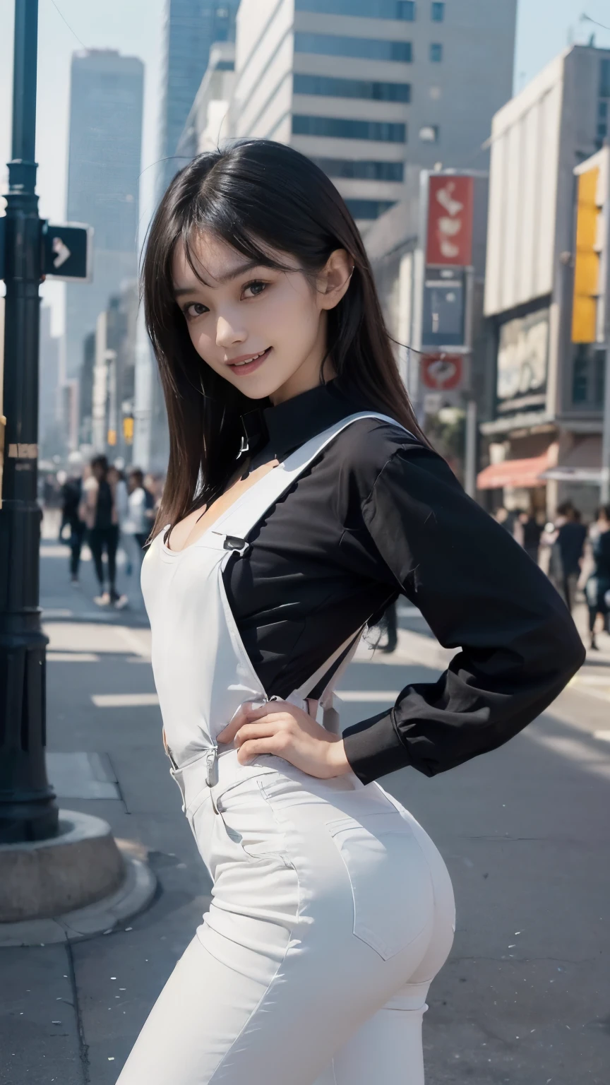 ((In the city:2.0)), ((Positive:2.0, Face the front of your body at the camera:2.0)), ((Black shirt with collar:2.0, suspenders:2.0, White pants:1.8)), (Clothing:2.0, Panties under white skinny pants:2.0, suspenders under Black shirt with collar:2.0, sneakers:1.5), ((In the city:2.0)), ((A grin:1.2, Small breasts:1.5, slender:1.5, Small Ass:1.5)), ((Japanese, 1 Girl, 18-year-old, 7 heads, Ideal body proportions, Black Hair, With bangs, Small breasts, Erect nipples, slender, Small Ass, Beautiful feet, Skinny Legs)), Surrealism, Cinematic Lighting, Depth of written boundary, First Person View, Boobs F/1.8, 135mm, Ticker, Mastepiece, Curate, ((Anatomically correct:1.3)), Textured skin, Super Detail, High detail, High quality, Awards, Best Quality, High resolution, 8K