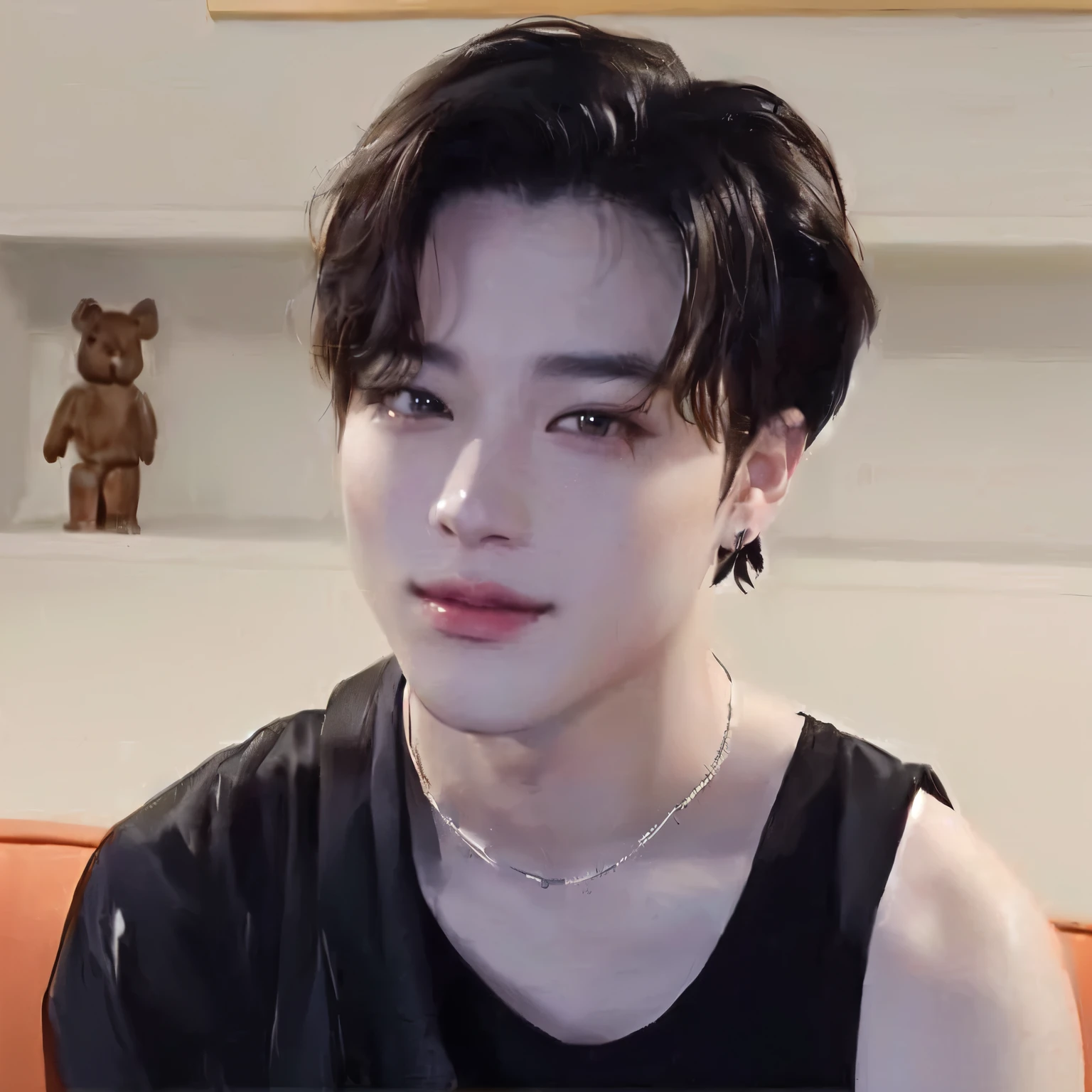There's a man sitting on a couch with a laptop, Jimin\the full lips, park Jimin, Jimin\o nariz grego, Jimin\the right eyelid is swollen, accurate Jimin face, Jimin, Cai Xukun, hyung tae, taejune kim, Yanjun Chengt, Jungkook, Jung Jaehyun, com o mesmo penteado, has sorte, adorable and pale korean face