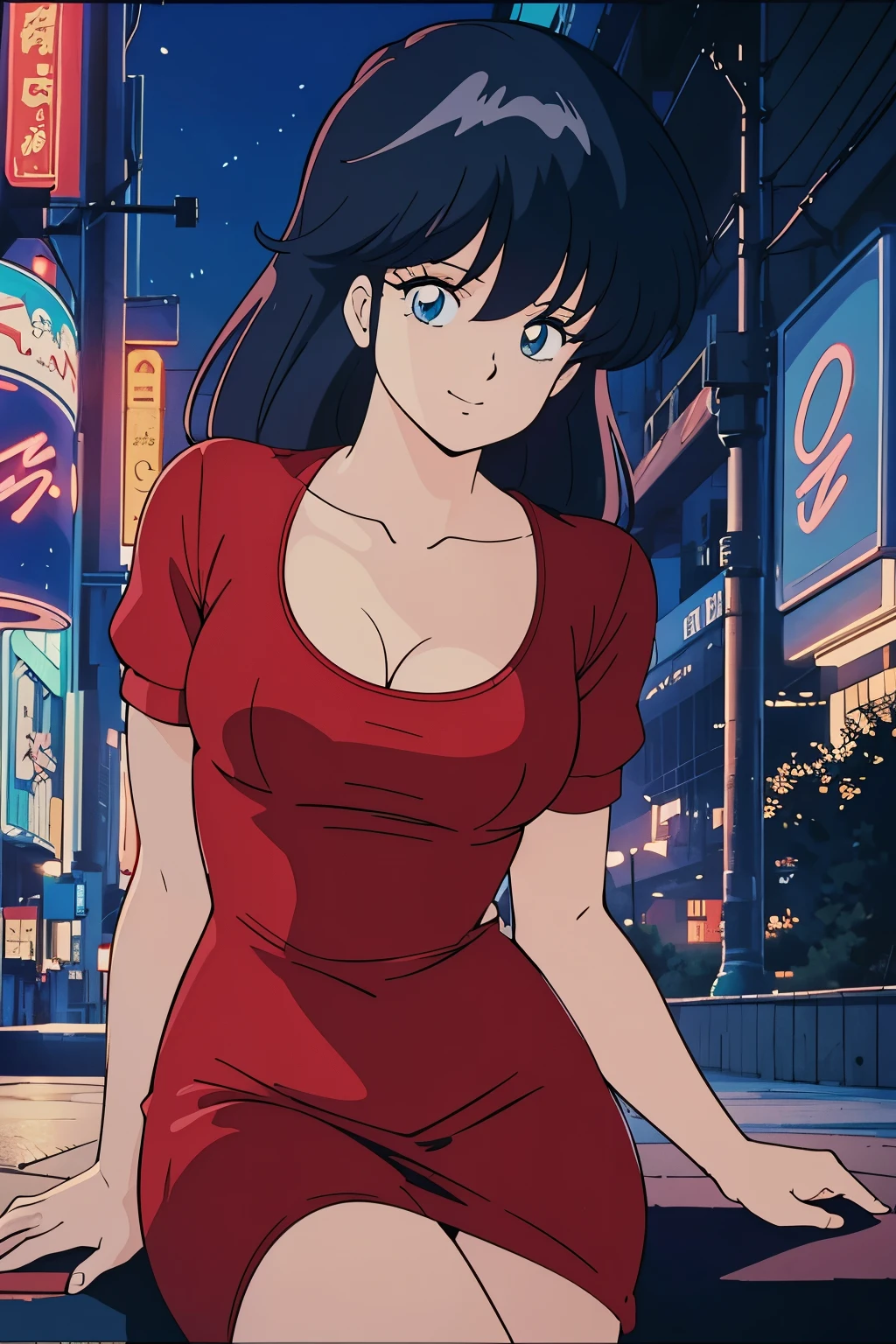 high quality, masterpiece, best quality, anime screen cap, 1girl, looking at viewer, smiling, squinting, sitting, crimson dress, red dress, park, shadows, night, fountain, blue lights, yellow lights, neon cold lights, neon warm lights, distant lights, remarked shadows, bokeh, bokeh effect, tokyo, 80s, 80s aesthetics, 1980s, 1980s tokyo night, ((Perfect Anatomy, beautifull detailed face, Beautiful detailed eyes, beautiful detailed hair, Beautiful detailed body)), thick outline, Beautiful outlines, black outlines
