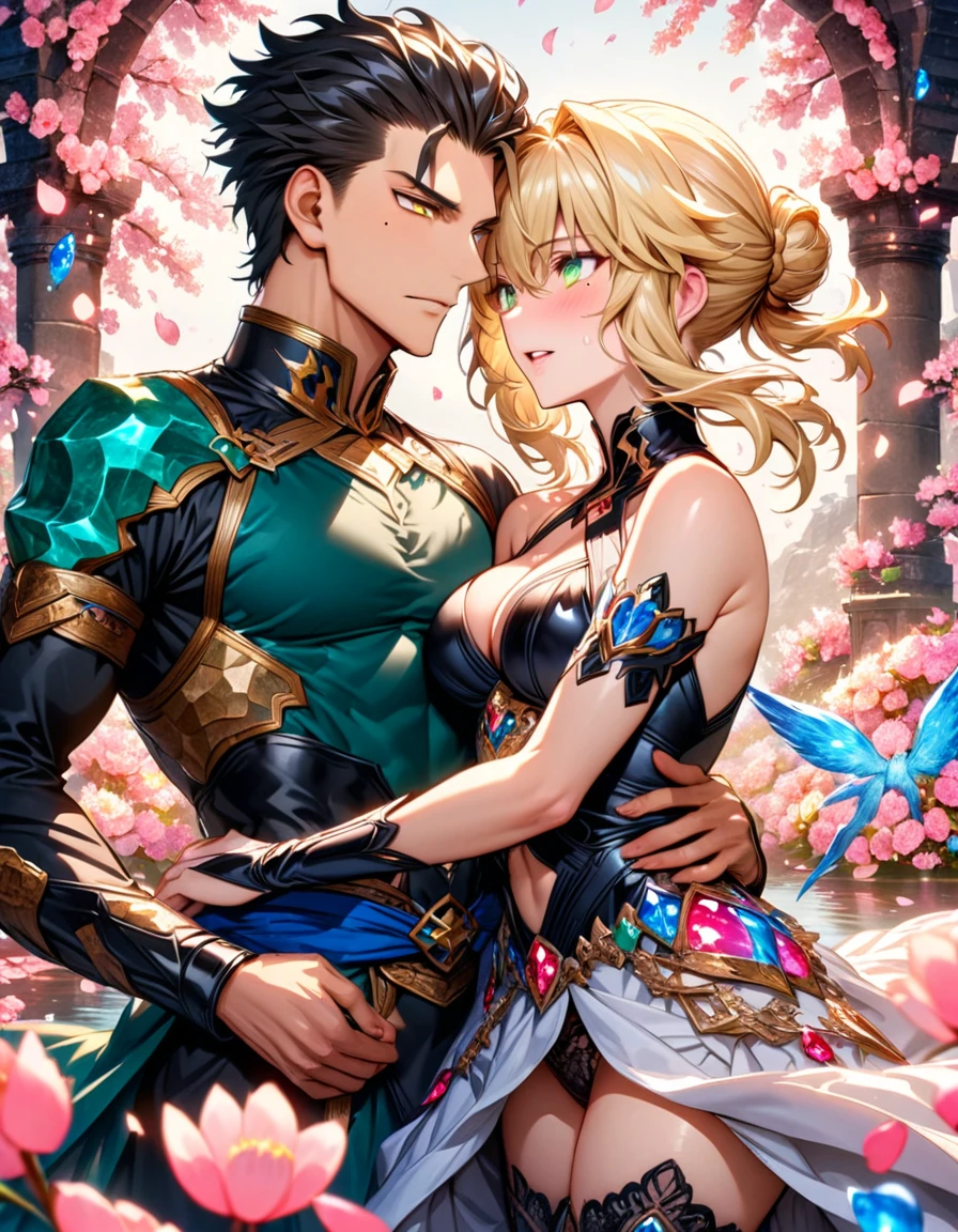 Ultra detailed, Highres, absurdres, HDR, master piece, Diarmuid Ua Duibhne, black hair, expressive yellow eyes, mole under his eye, Arthuria Pendragon, blond hair tied in a bun, expressive green eyes, Fate Grand Order, a handsome man together with a beautiful woman, couple, love, extremely detailed eyes and face, water, pink flowers, blossoms, petals, fantasy, magic, best quality, sexy, knight black clothes