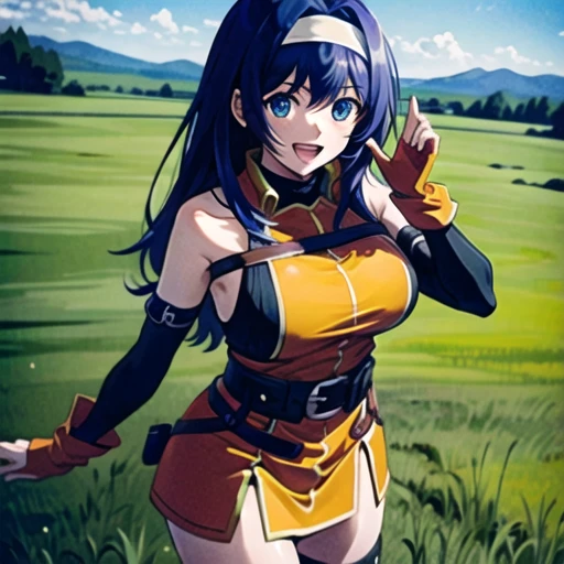 (masterpiece, best quality, ultra detailed, beautiful illustration), atmospheric perspective, depth of field, looking at viewer, beautiful detailed eyes, anime eyes:1.4, (cowboy shot), dynamic pose, dynamic angle, (outdoors, grasslands, distant lake ), 1girl, (:d), (huge breasts),  mia feh, white hairband,shoulder armor,orange dress,underwear,belt,fingerless gloves,thighhighs,boots,