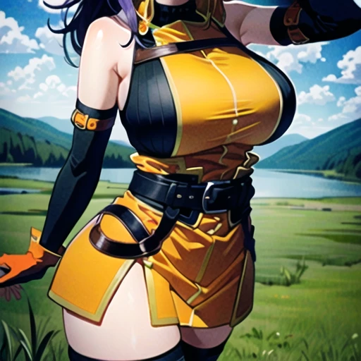 (masterpiece, best quality, ultra detailed, beautiful illustration), atmospheric perspective, depth of field, looking at viewer, beautiful detailed eyes, anime eyes:1.4, (cowboy shot), dynamic pose, dynamic angle, (outdoors, grasslands, distant lake ), 1girl, (:d), (huge breasts),  mia feh, white hairband,shoulder armor,orange dress,underwear,belt,fingerless gloves,thighhighs,boots,