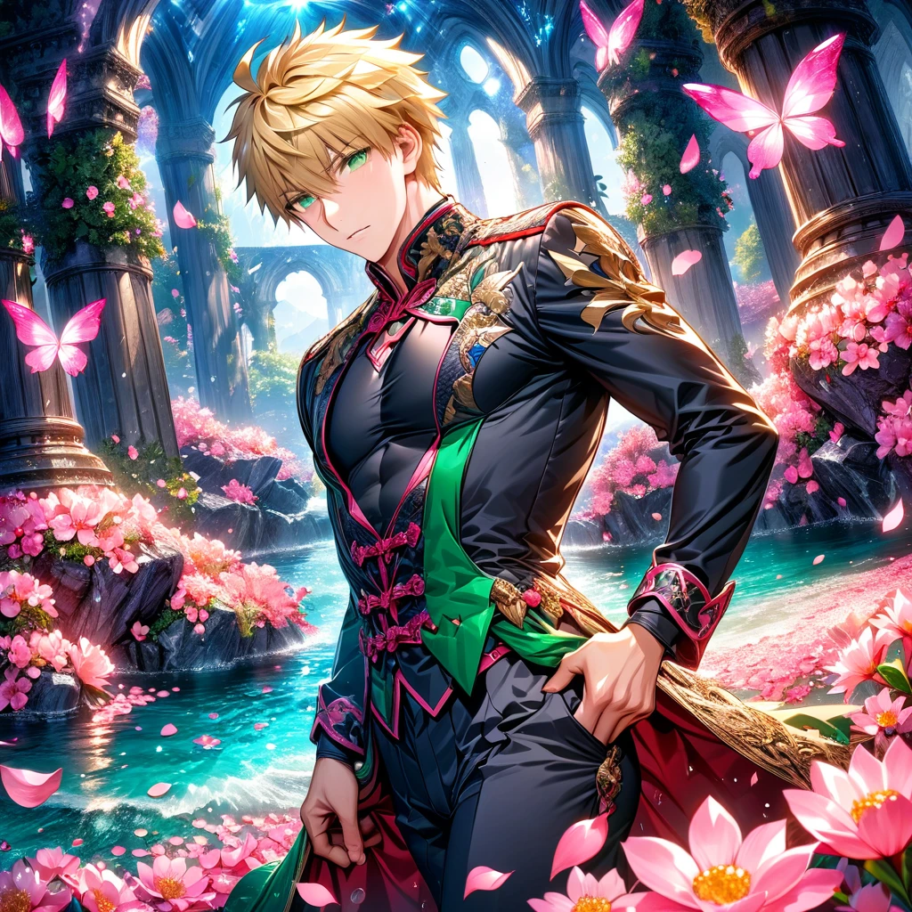 absurdres, highres, ultra detailed, HDR, master piece, best quality, Arthur Pendragon, blonde hair, expressive green eyes, fate grand order, solo, sexy man, handsome, black clothes, shining, water, pink flowers, pink blossoms, pink butterflies, pink petals