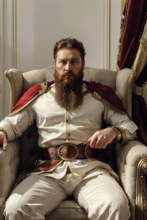 King with baron's crown, reddish beard, 40 years old, serious and powerful intimidating posture, royal armor with very high details, and shines, behind him there is luxurious furniture an armchair with refined white cushions, appearance of a fighter, with a king's sword kept at the waist in a yellowish sheath, a white king's cape and black details.
