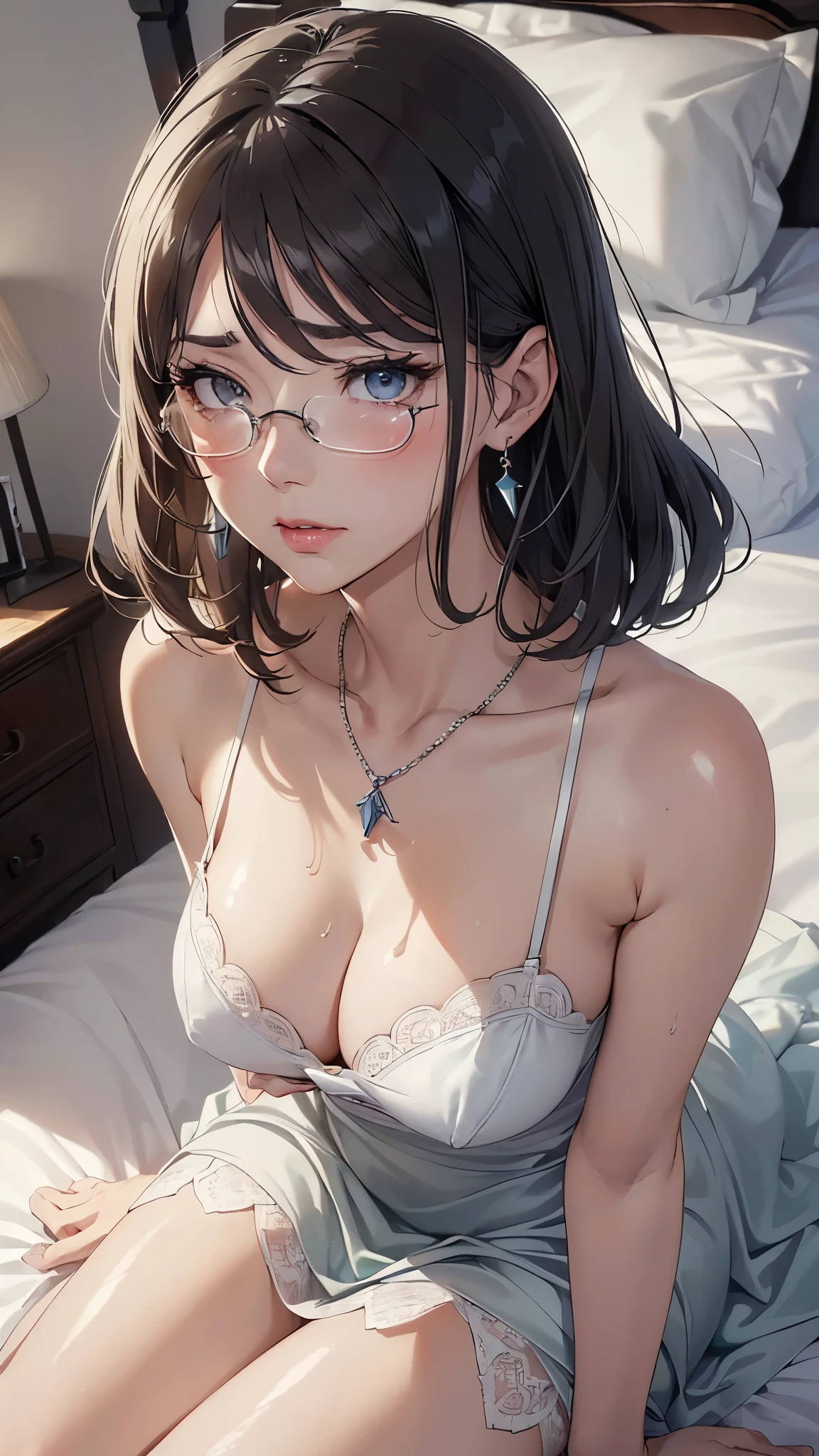 (masterpiece: 1.3), (Maximum resolution: 1.2), (Ultra HDTV: 1.2), Cinematic Light, 8K resolution, Detailed facial features , (Sharp focus: 1.2), (Focus on the face:1.2),Perfect Style, Beautiful Face, Acura, Anatomically correct, Highly detailed face and skin texture, Beautiful Eyes,Beautiful Eyes, Thin eyebrows, Glitter Eyeliner: 1 Natural Cheeks, Glowing Skin, Fair skin: 1.2, (Glossy lips: 1.4),、 (Embarrassed look: 1.2),Highly detailed face and skin texture, Natural Cheeks, , Glossy lips: 1.4,Perfect Style、Cleavage、Soft Breasts、(White mucus on chest:1.4)(White mucus on thighs:1.2)、 Overflowing sperm、Dripping semen、blush、A humiliating look、Anxious expression、A look of humiliation、Embarrassed look、Glare、anger、sorrow、tears、Open your knees、Spread your legs、 White underwear、White bra、Sparkly little earrings and necklace、Disheveled clothes、White panties、sweating、Thin underwear、stockings、22 years old, A clean-cut woman,1 person、 Upward-facing chest, Old bedroom、On the bed、(On my back, ベッドにLying down, Lying in bed, Lying down, White sheets:1.3)、Black Hair、blonde、Silver Hair、Blue-gray eyes、Green Ash Eye,(Sexy Dress:1.4)、Wet glasses、Masturbation、masturbation behavior、Masturbation、Wavy short hair、