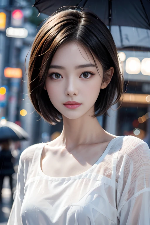 1 girl , short hair, Upper Body, Close-up photo , rain , Street View.