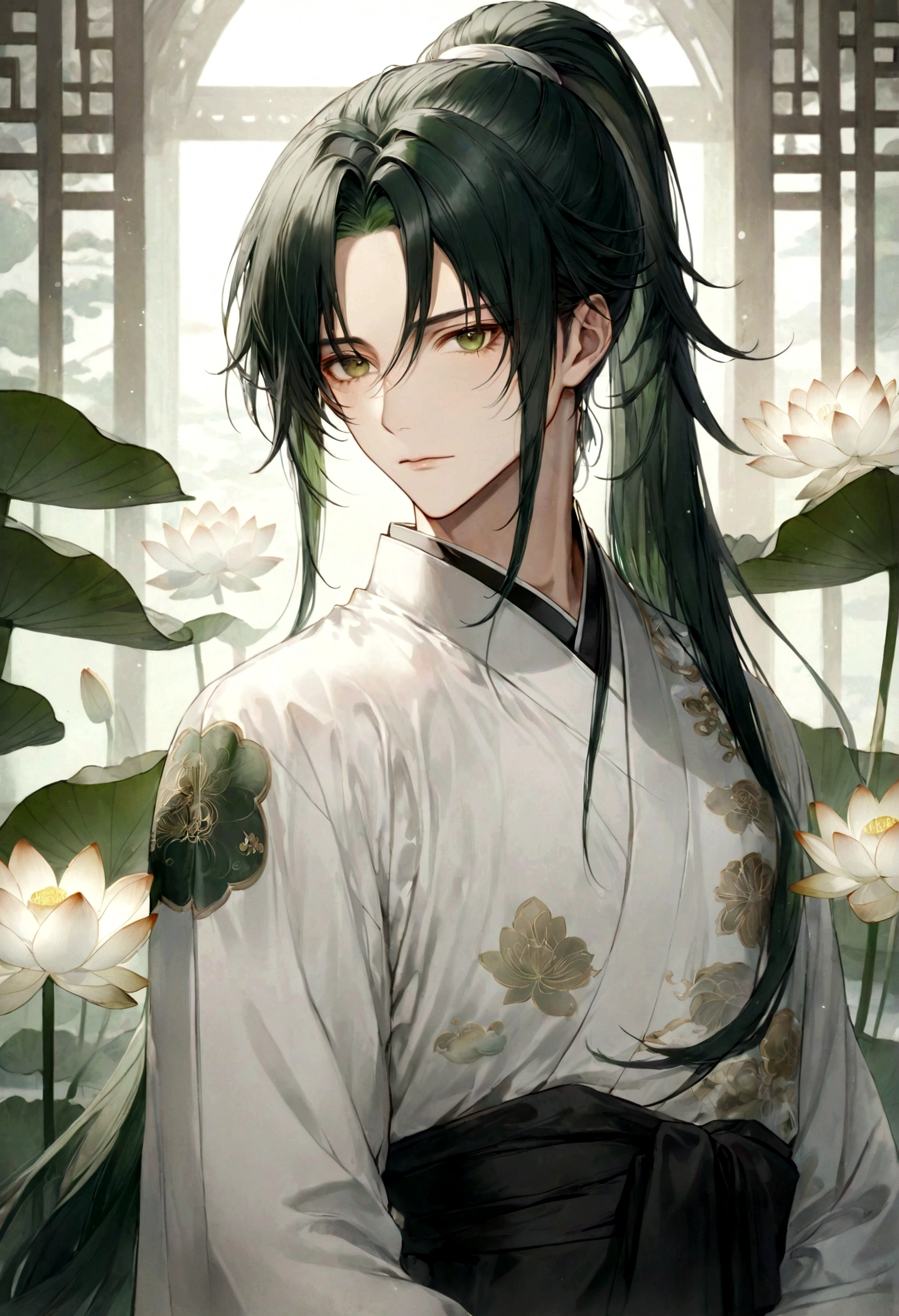 ((top-quality)), ((masterpiece)), ((ultra-detailliert)), (extremely delicate and beautiful), handsome man, dark green hair, long straight hair, high ponytail hairstyle, golden eyes, serene expression, wearing wuxia styled robes, sleeves are sheer and silky, white sleeves, white robes with green patterns, lotus flowers on robe, dark pants, white lotus flowers in the background