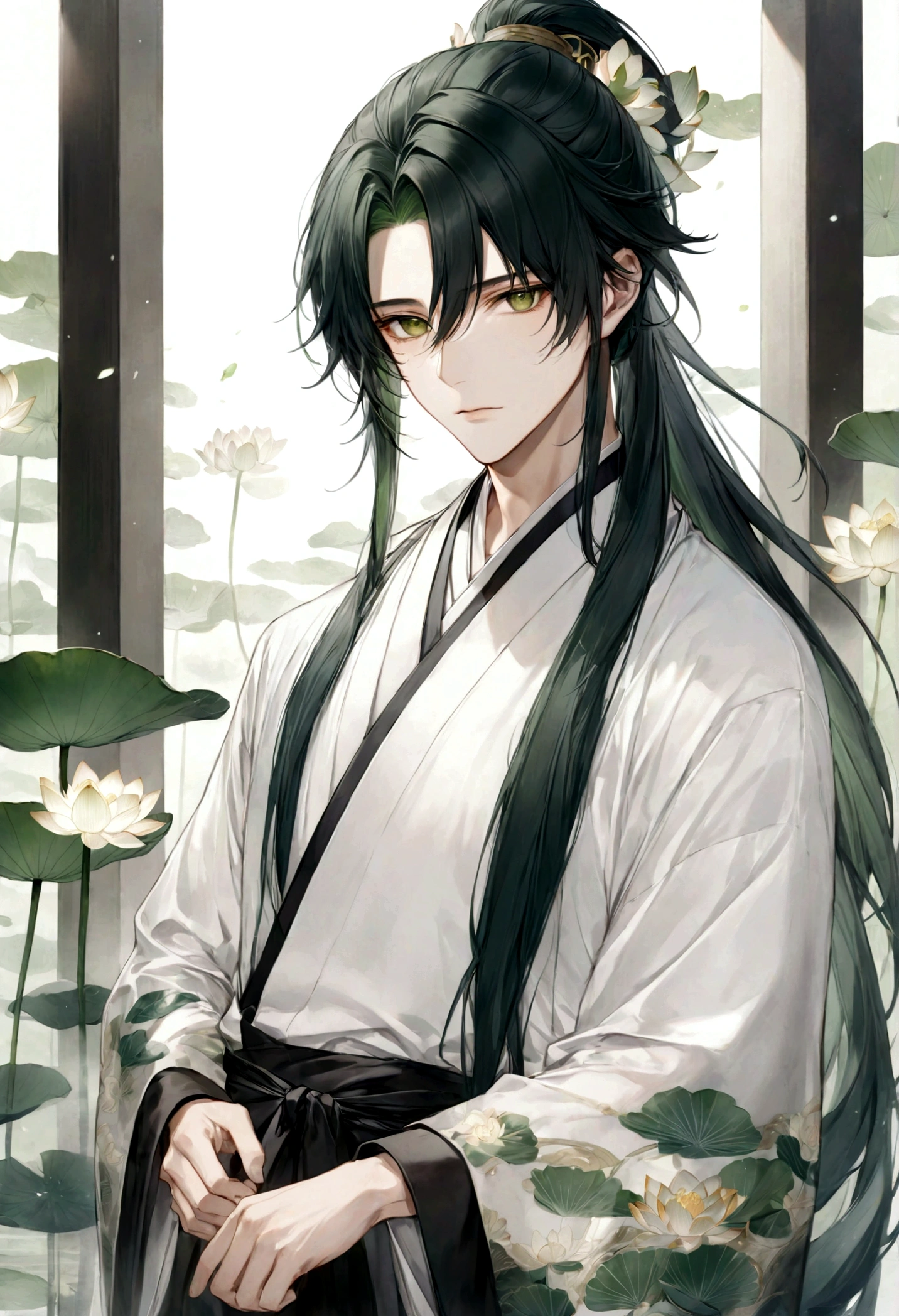((top-quality)), ((​masterpiece)), ((ultra-detailliert)), (extremely delicate and beautiful), handsome man, dark green hair, long straight hair, high ponytail hairstyle, golden eyes, serene expression, wearing wuxia styled robes, sleeves are sheer and silky, white sleeves, white robes with green patterns, lotus flowers on robe, dark pants, white lotus flowers in the background