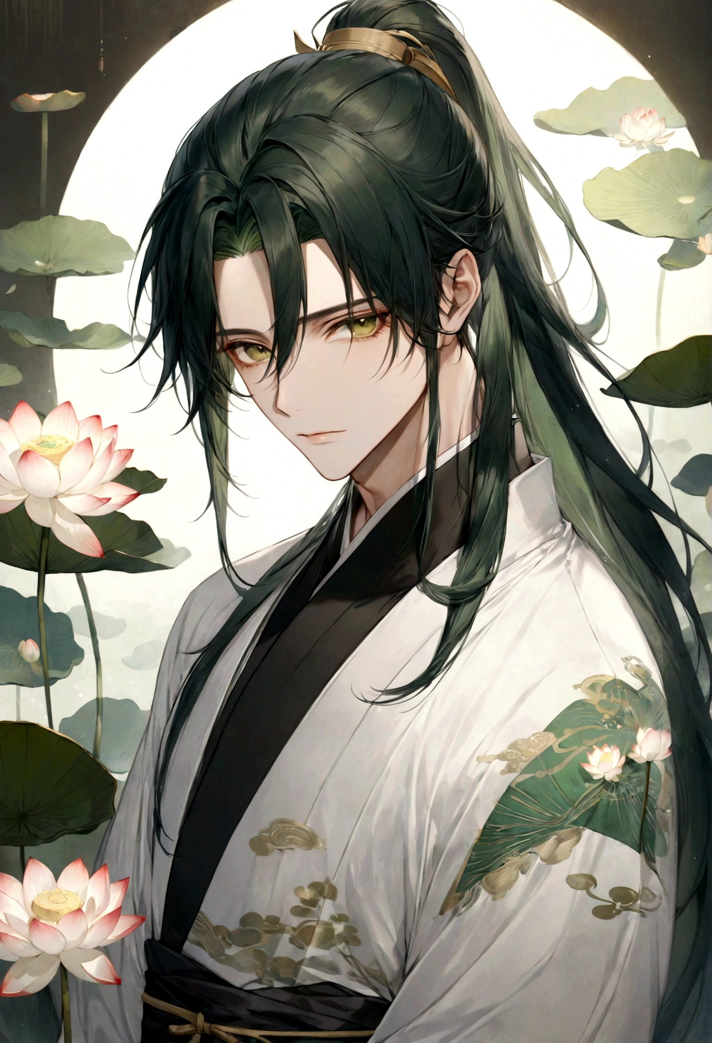 ((top-quality)), ((​masterpiece)), ((ultra-detailliert)), (extremely delicate and beautiful), handsome man, dark green hair, long straight hair, high ponytail hairstyle, golden eyes, serene expression, wearing wuxia styled robes, sleeves are sheer and silky, white sleeves, white robes with green patterns, lotus flowers on robe, dark pants, white lotus flowers in the background