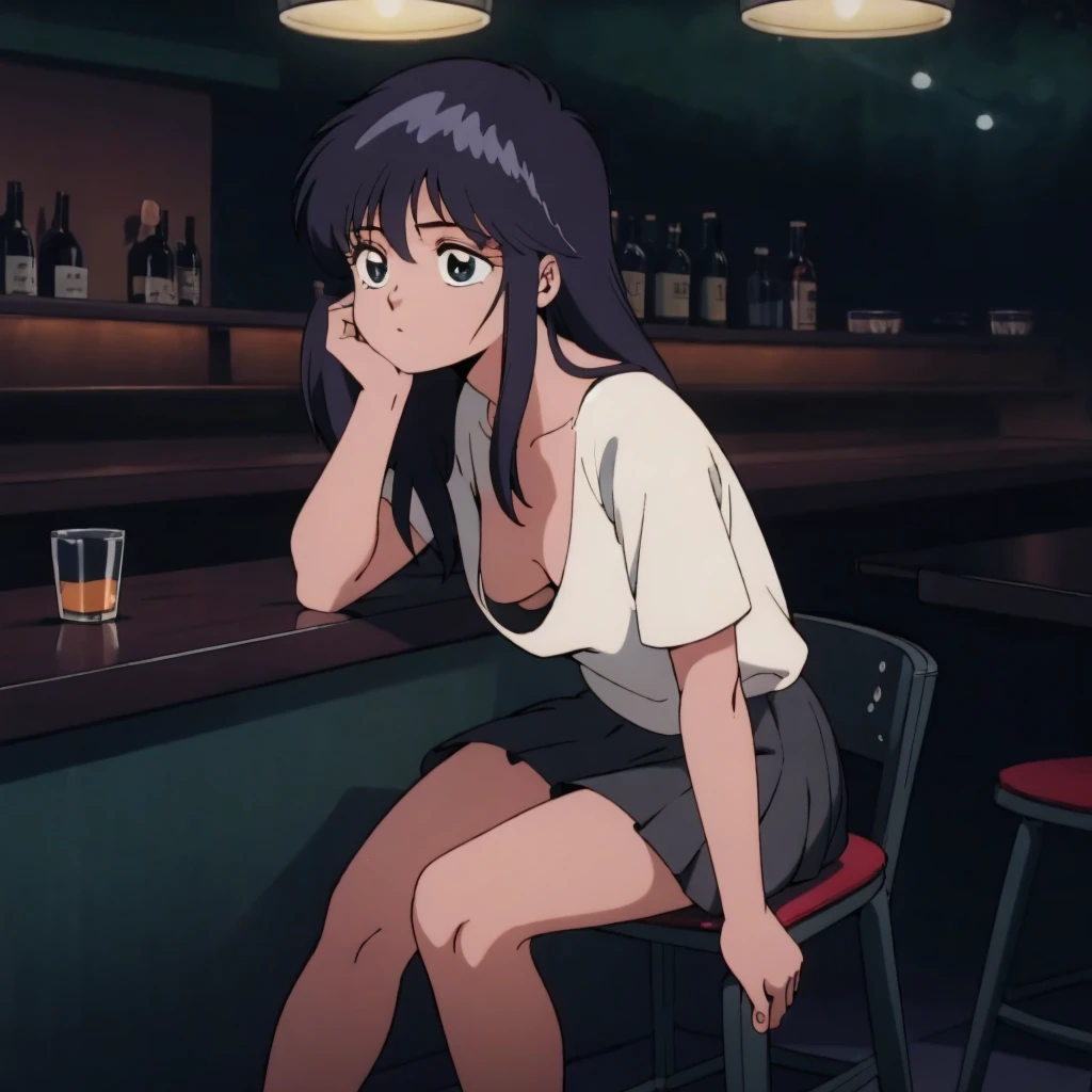 Madoka Ayukawa, (masterpiece:1.2, highest quality), (Very detailed:1.3), One girl, Long Hair, Loose T-shirt, mini skirt, White , Leaning forward, Medium chest, Nipplesng at a bar, Drunk, evening, Long down blouse, Dark Theme