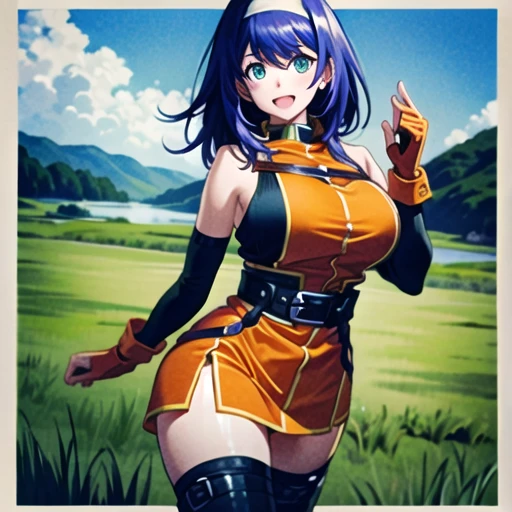 (masterpiece, best quality, ultra detailed, beautiful illustration), atmospheric perspective, depth of field, looking at viewer, beautiful detailed eyes, anime eyes:1.4, (cowboy shot), dynamic pose, dynamic angle, (outdoors, grasslands, distant lake ), 1girl, (:d), (huge breasts),  mia feh, white hairband,shoulder armor,orange dress,underwear,belt,fingerless gloves,thighhighs,boots,