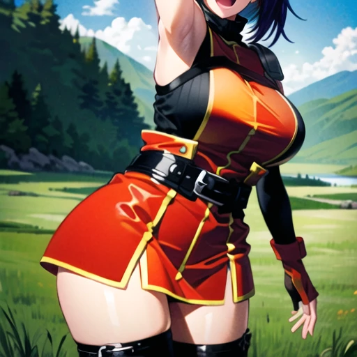 (masterpiece, best quality, ultra detailed, beautiful illustration), atmospheric perspective, depth of field, looking at viewer, beautiful detailed eyes, anime eyes:1.4, (cowboy shot), dynamic pose, dynamic angle, (outdoors, grasslands, distant lake ), 1girl, (:d), (huge breasts),  mia feh, white hairband,shoulder armor,orange dress,underwear,belt,fingerless gloves,thighhighs,boots,