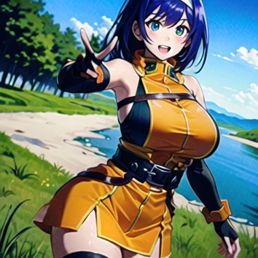 (masterpiece, best quality, ultra detailed, beautiful illustration), atmospheric perspective, depth of field, looking at viewer, beautiful detailed eyes, anime eyes:1.4, (cowboy shot), dynamic pose, dynamic angle, (outdoors, grasslands, distant lake ), 1girl, (:d), (huge breasts),  mia feh, white hairband,shoulder armor,orange dress,underwear,belt,fingerless gloves,thighhighs,boots,